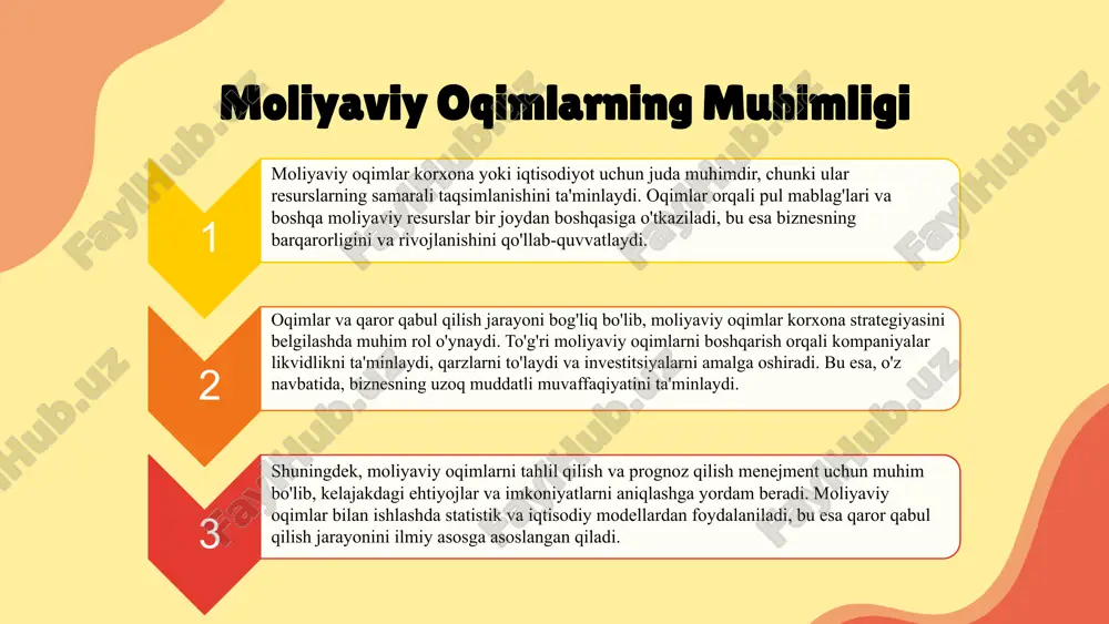 usullari oqimlarni o'rganishda qo'llaniladi. bu metodlar yordamida muhim qarorlar qabul qilinadi. photo by tingey injury law firm on unsplash 1 2 3 amaliy misollar va natijalar pul oqimlarini boshqarishda bank va kompaniyalarda amalga oshirilgan amaliy misollar. narx strategiyalari va xarajatlarni kamaytirish uchun moliyaviy modellardan foydalanish natijasida xarajatlar 15% ga kamaydi, likvidlik oshdi va investitsiya imkoniyatlari kengaydi. photo by tingey injury law firm on unsplash xulosa moliyaviy oqimlarni boshqarishning ahamiyati moliyaviy oqimlarni to‘g‘ri tahlil qilish va nazorat qilish biznes muvaffaqiyatining asosiy shartidir. bu jarayon resurslarni samarali boshqarishga yordam beradi. innovatsion yondashuvlar va strategiyalarni tanlash orqali oqimlarni optimallashtirish imkoniyatlari kengaymoqda. kelajak va rivojlanish tendensiyalari texnologiyalar va yangi metodologiyalar asosida moliyaviy oqimlarni boshqarish sohasida rivojlanish davom etmoqda, bu esa barqarorlik va o‘sishni ta’minlaydi. ushbu bilimlar va strategiyalarni davom ettirish orqali, moliyaviy barqarorlikni mustahkamlash va rivojlantirish mumkin. foydalanilgan adabiyotlar 1. sobirov, a. moliyaviy oqimlarni boshqarish metodlari. o'zbekiston davlat moliya universiteti, 2020. 2. islomov, s. …