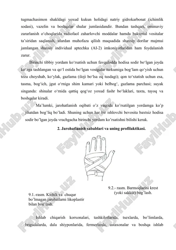 ashkilotlarida, tsexlarda, bo’limlarda, brigadalarda, dala shiyponlarida, fermerlarda, ustaxonalar va boshqa ishlab chiqarish uchastkalarida birinchi yordam ko’rsatishga maxsus o’qitilgan 3-4 kishidan iborat sanitar postlar tashkil etiladi. sanitar postlari zarur meditsina dorilar va bog’lash materiallari mavjud bo’lgan aptechkalar bilan ta’minlanadi. ishlab chiqarishda jarahotlanish uni keltirib chiqarish sabablariga ko’ra shartli ravishda tashkiliy va texnik turlarga bo’linadi. tashkiliy xaraktyerga ega bo’lgan ishlab chiqarish jarohatlarining sabablariga quyidagilar kiradi: 1) bevosita kunlik ishlarni yoki ishlayotgan odamlarni sog’ligi uchun yuqori darajada xavfli bo’lgan ishlarni bajarish oldidan xavfsizlik texnikasi bo’yicha yo’riqnomalarni o’tilmasligi; 2) xavfsizlik texnikasi bo’yicha yo’riqnomalarni o’tilishi, lekin ishni bajarish jarayonida unga rioya qilinishini yetarlicha nazorat qilmaslik; 3) ishni (har xil ishlab chiqarish topshiriqlarini) bajarish vaqtida zarur himoya (ko’zoynak, niqob, respirator, to’siq va boshqa) vositalardan foydalanmaslik; 4) ishchi zonada ishni bajarish uchun keraksiz bo’lgan buyulm va narsalarni mavjudligi; 5) murakkab va mas’uliyatli ishlarda maxorati yetarlicha bo’lmagan ishchilar mehnatidan foydalanish; 6) jarohatlash ehtimoli mavjud joylarda o’rab turuvchi shitlar, …