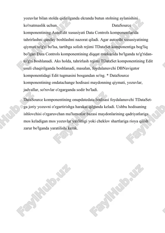 dit1->text=table1->fields[2]->asstring; ko'pincha ttable komponenti bilan ishlashda quyidagi usullar qo'llaniladi: open va close active xususiyatlarining qiymatlarini mos ravishda haqiqiy va noto'g'ri deb belgilaydi. refresh ma'lumotlar bazasini qayta hisoblash imkonini beradi. first, last, next, prior joriy yozuvni birinchi, oxirgi, keyingi va oldingi yozuvlarga mos ravishda, masalan: table1->first(); while (!table1->eof//biz biror narsa qilamiz... table1->next(); }; moveby markerni belgilangan satrlarga ko'chiradi (u salbiy bo'lishi mumkin) jadval ichida insert, edit, delete, append - jadvalni mos ravishda yozib olish, tahrirlash, o'chirish, yozuvni qo'shish rejimlariga tarjima qiling. post-o'zgartirilgan ma'lumotlarning jismoniy saqlanishini amalga oshiradi. misol uchun: table2->insert(); table2->fields[0]->asinteger = 100; table2->fields[1]->asstring =edit1->text; table2->post(); saraton-jismoniy jihatdan saqlanmagan o'zgarishlarni bekor qiladi. fieldbyname-dala nomi bilan dalalarda ma'lumotlarga murojaat qilish imkoniyatini beradi: s=table1->fieldbyname("area")->asstring; setkey jadvalni qidirish rejimiga o'zgartiradi. gotokey satrni qidirishni boshlaydi, uning qiymati tanlangan qiymatga teng, bu erda n-jadval ustunining raqami, 0 dan boshlab: table1->setkey(); table1->fields[0]->asstring=edit1->text; table1->gotokey(); setrangestart, setrangeend, applyrange agar biron-bir maydon qadriyatlar oralig'ida asoslangan kerakli satrlarni tanlash imkonini beradi. …