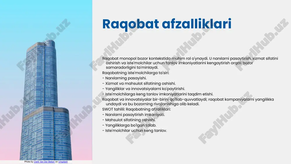 chiqarishni kamaytirish orqali iste'molchilarga zarar yetkazishi mumkin, bu esa cheklangan tanlov va yuqori narxlar bilan bog'liq. iste'molchilar ko'pincha raqobat yo'qligi sababli kamroq xizmat sifatiga duch keladilar. monopoliyalar innovatsiyalarni rag'batlantirishi mumkin, ammo raqobat yo'qligi innovatsion jarayonlarni sekinlashtirishi mumkin. ularning iqtisodiy samaradorligi pasayishi va ijtimoiy tengsizlikni kuchaytirishi mumkin, shuning uchun davlat tomonidan nazorat qilish zarur. monopoliyalar ijtimoiy dasturlarni qo'llab-quvvatlashda ham muhim rol o'ynashi mumkin. xulosa 1. monopol bozor tushunchasi: raqobat va monopol bozor o'rtasidagi farqlarni ko'rsatadi. 2. raqobatning afzalliklari: raqobat iste'molchilarga innovatsiyalarni taqdim etadi. 3. samaradorlik va monopol bozor: monopol bozor samaradorligi raqobat bilan oshishi mumkin. 4. kelgusidagi strategiyalar: innovatsiyalarni joriy etish va resurslarni optimallashtirish tavsiya etiladi. photo by clark van der beken on unsplash e'tiboringiz uchun rahmat! designed by slides carnival image1.jpeg image3.jpeg image5.jpg image4.png