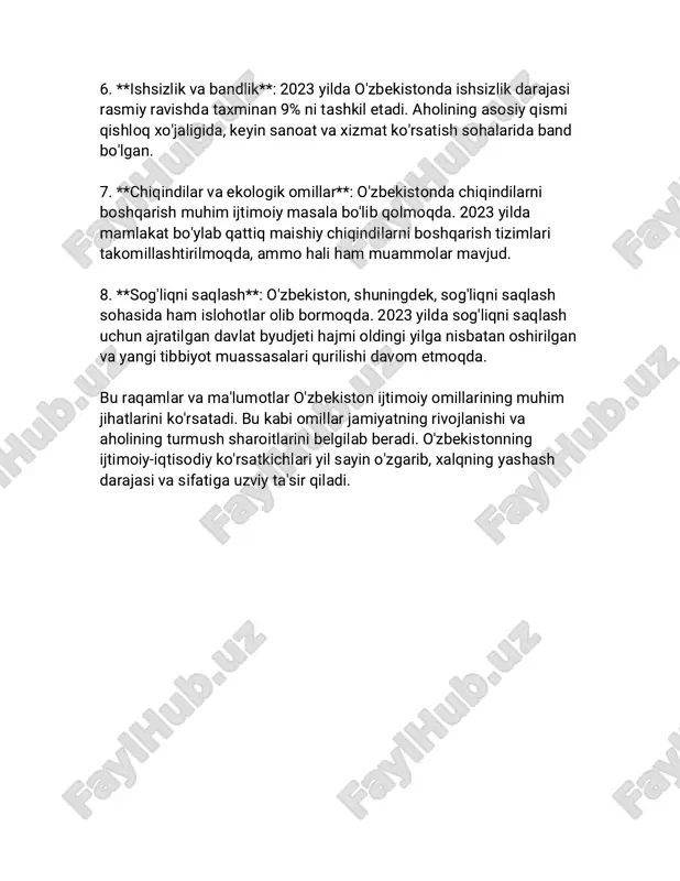 maqsadlarni aniqlashda muhim rol o'ynaydi. 3. siyosiy omillar 3. siyosiy omillar mavzusi siyosat, davlat boshqaruvi va xalqaro munosabatlar bilan bog'liq statistik va faktik axborotlarni o'z ichiga oladi. quyida ushbu mavzuga oid ma'lumotlarni sizga taqdim etaman: dunyo bo'ylab davlat boshqaruv tizimlari juda xilma-xil bo'lib, ular ichida demokratik tizimlar eng keng tarqalgan hisoblanadi. ma'lumotlarga ko'ra, dunyoda bugungi kunda 195 ta xalqaro tan olingan davlat mavjud. shulardan ko'pchiligida parlament yoki prezident boshqaruvi shakllari amal qiladi. yanvar 2023-yil holatiga ko'ra, dunyoning 123 ta davlati o'zini demokratik davlat deb ataydi, qolganlari esa avtoritar boshqaruv shakllariga ega. dunyo bo'ylab saylovlar va ularda qatnashish darajasi ham siyosiy omillar ichida muhim ahamiyatga ega. masalan, 2020-yilda aqshda bo'lib o'tgan prezidentlik saylovida ko'plab rekordlar qayd etildi. umumiy ovoz berish bosqichida qatnashish darajasi 66,8% ni tashkil etdi, bu 20-asr boshidan beri eng yuqori ko'rsatkichlardan biri bo'ldi. xalqaro munosabatlar jihatidan, birlashgan millatlar tashkiloti (bmt) eng muhim xalqaro tashkilotlardan biri bo'lib, unga 193 …