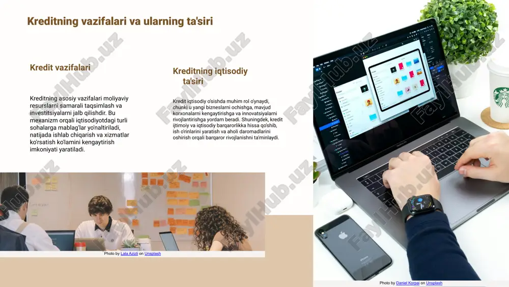 an foydalanib, yangi loyihalarni amalga oshiradi va kengaytiradi, bu esa mahalliy iqtisodiyotga ijobiy ta'sir ko'rsatadi. kreditning barqarorlikka ta'siri kreditlar iqtisodiy barqarorlikka ta'sir ko'rsatishda muhim ahamiyatga ega. ular moliyaviy muammolarni hal qilish, firmalar va shaxslar uchun barqarorlikni ta'minlashda yordam beradi. bunday barqarorlik esa, o'z navbatida, investitsiyalarni oshirishga va iqtisodiy o'sishni rag'batlantirishga olib keladi. kreditning ahamiyati va ta'siri kredit va iqtisodiy rivojlanish kreditning iqtisodiy rivojlanishga ta'siri kreditlar iqtisodiy o'sishni tezlashtiradi. ular tadbirkorlikni rag'batlantirib, yangi ish o'rinlarining yaratilishiga yordam beradi. kreditlar ishlab chiqarishni kengaytirish, innovatsiyalarni qo'llab-quvvatlash va iqtisodiy barqarorlikni rivojlantirishda muhim rol o'ynaydi. kredit va innovatsiyalar innovatsiyalarni moliyalashtirishda kreditlarning roli juda katta. kreditlar, tadqiqot va rivojlanish loyihalarini amalga oshirish uchun zaruriy mablag'larni taqdim etadi. bu esa yangi texnologiyalarni yaratish va bozorga chiqarishda yordam beradi. photo by daniel korpai on unsplash photo by lala azizli on unsplash kredit tizimi ta'rifi kredit tizimi iqtisodiyotning muhim tarkibiy qismi bo'lib, moliyaviy resurslarni taqsimlash va iqtisodiy faoliyatni qo'llab-quvvatlashda …
