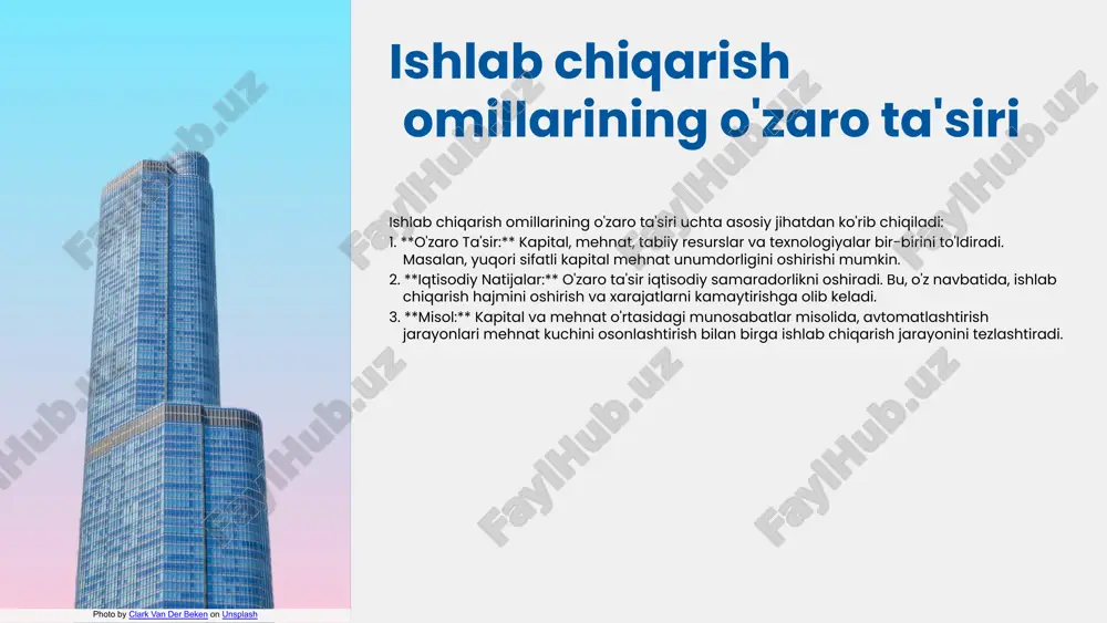 shlar va mehnat omili mehnat omilining o'zgarishi iqtisodiy jarayonlar rivojlanishida muhim ahamiyatga ega. bu o'zgarishlar zamonaviy texnologiyalar va ijtimoiy ehtiyojlar bilan bog'liq bo'lib, mehnat resurslarining samaradorligini oshirishni maqsad qilgan. iqtisodiy o'zgarishlar davomida mehnat omilining o'rni shundaki, u ishlab chiqarish jarayonlarida asosiy rol o'ynaydi. mehnat resurslari iqtisodiy o'sish va raqobatbardoshlikni ta'minlash uchun zarurdir, shuning uchun mehnatning sifatini oshirishga alohida e'tibor qaratilmoqda. misol sifatida, mehnat bozoridagi o'zgarishlar raqamli iqtisodiyot va masofaviy ishga o'tish jarayonida ko'rinadi. bunday o'zgarishlar ishchilardan yangi ko'nikmalarni, masalan, raqamli texnologiyalarni o'zlashtirishni talab etmoqda. kapital omilining rolini o'rganish kapital omili – bu ishlab chiqarish jarayonida foydalaniladigan moddiy va moliyaviy resurslar, jumladan, mashinalar, uskunalar, binolar va infratuzilma. u iqtisodiy faoliyatni amalga oshirishda muhim rol o'ynaydi va ishlab chiqarishning samaradorligini oshiradi. iqtisodiy o'zgarishlar paytida kapital omilining ahamiyati yanada oshadi, chunki samarali investitsiyalar yangi imkoniyatlar yaratadi va iqtisodiy o'sishni rag'batlantiradi. misol uchun, 2020-yilda o'zbekistonda amalga oshirilgan investitsiya loyihalari yangi texnologiyalarni joriy etishga va …