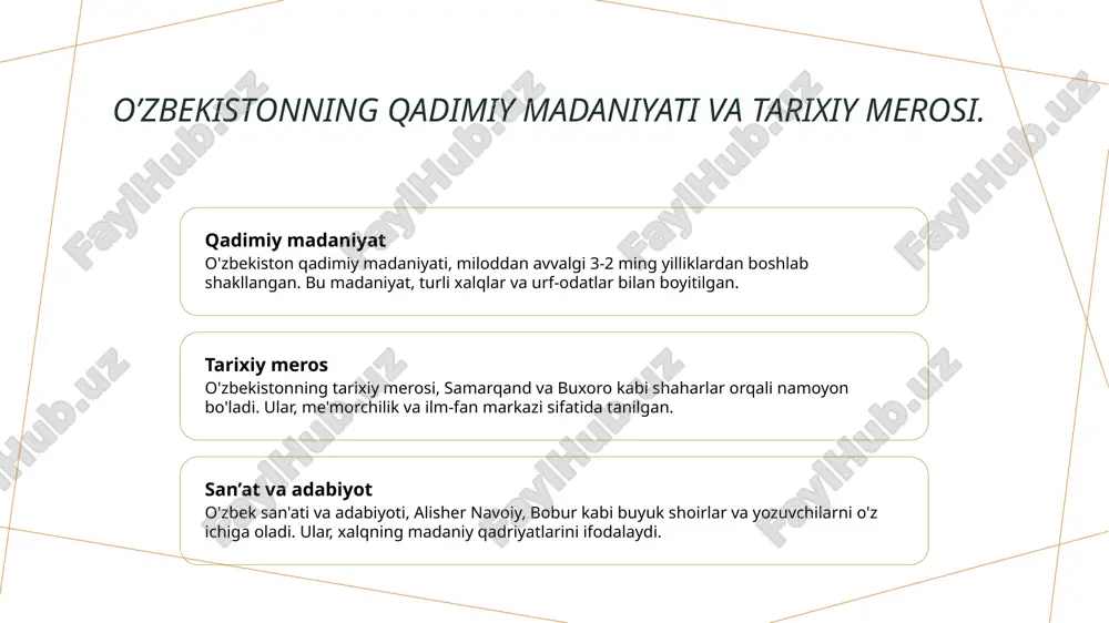 barqarorlikni ta'minlashga yordam beradi. xulosa 1 oʼzbekistonning yangi tarixi - oʼzbekistonning eng yangi tarixi, mustaqillikdan soʻnggi davrda mamlakatimizning ijtimoiy, iqtisodiy va siyosiy o'zgarishlarini oʻz ichiga oladi. 2 mustaqillik va o'zgarishlar - mustaqillikdan soʻng, oʼzbekiston yangi siyosiy yoʻlni tanlab, demokratik islohotlar orqali fuqarolik jamiyatini rivojlantirishga intilmoqda. 3 madaniyat va iqtisodiyot - oʼzbekistonning qadimiy madaniyati va tarixiy merosi, iqtisodiy rivojlanish bilan birgalikda, mamlakatning global maydondagi o'rnini mustahkamlashda muhim ahamiyatga ega. e'tiboringiz uchun rahmat! /docprops/thumbnail.jpeg