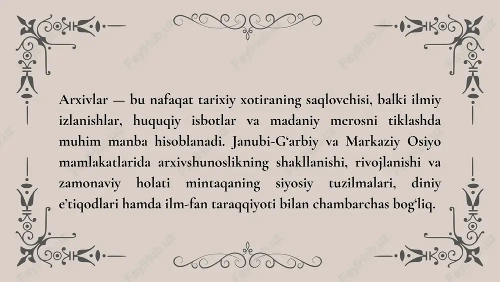 aviy texnologiyalar — klimat nazorati, xavfsizlik tizimlari, elektron arxiv platformalari — qo‘llaniladi ayrim davlatlarda arxivlar ta’lim va ilmiy muassasalar bilan hamkorlikda ishlaydi. masalan, o‘zbekistonda arxivlar universitetlar bilan hamkorlikda qo‘lyozmalarni o‘rganish, tarjima qilish va nashr etish loyihalarini amalga oshirmoqda. qozog‘istonda esa “open archive” platformasi orqali raqamli hujjatlarga onlayn kirish imkoniyati yaratilgan. 4. arxivshunoslikda xalqaro hamkorlik janubi-g‘arbiy va markaziy osiyo mamlakatlari arxivshunoslik sohasida xalqaro hamkorlikni kengaytirishga alohida e’tibor qaratmoqda. bu hamkorlik ilmiy tajriba almashinuvi, texnologik yordam, qo‘lyozmalarni restavratsiya qilish, raqamlashtirish va kadrlar tayyorlash kabi yo‘nalishlarni o‘z ichiga oladi. quyidagi xalqaro tashkilotlar mintaqa arxivlari bilan faol hamkorlik qiladi: - unesco — madaniy merosni saqlash, qo‘lyozmalarni himoya qilish va raqamlashtirish loyihalarini qo‘llab-quvvatlaydi - isesco — islom dunyosi arxivlarini o‘rganish va saqlash bo‘yicha ilmiy dasturlarni amalga oshiradi - ica (international council on archives) — arxivshunoslik bo‘yicha global standartlarni joriy etish, konferensiyalar va treninglar tashkil etadi shuningdek, mintaqaviy hamkorlik shakllari ham rivojlanmoqda. o‘zbekiston, qozog‘iston va tojikiston …