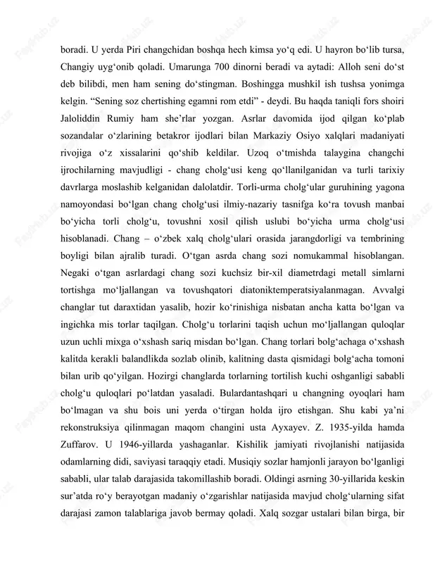 qismidagi bolg‘acha tomoni bilan urib qo‘yilgan. hozirgi changlarda torlarning tortilish kuchi oshganligi sababli cholg‘u quloqlari po‘latdan yasaladi. bulardantashqari u changning oyoqlari ham bo‘lmagan va shu bois uni yerda o‘tirgan holda ijro etishgan. shu kabi ya’ni rekonstruksiya qilinmagan maqom changini usta ayxayev. z. 1935-yilda hamda zuffarov. u 1946-yillarda yashaganlar. kishilik jamiyati rivojlanishi natijasida odamlarning didi, saviyasi taraqqiy etadi. musiqiy sozlar hamjonli jarayon bo‘lganligi sababli, ular talab darajasida takomillashib boradi. oldingi asrning 30-yillarida keskin sur’atda ro‘y berayotgan madaniy o‘zgarishlar natijasida mavjud cholg‘ularning sifat darajasi zamon talablariga javob bermay qoladi. xalq sozgar ustalari bilan birga, bir qator sozandalar ham musiqiy sozlarning takomillashuviga o‘z hissalarini qo‘shganlar. eski namunadagi chang cholg‘usinizamon talabiga moslashtirish ishlarini changchi va sozgar usta usta ro‘zmat isaboyev, mashxur doirachi va changchi usta olim komilov, mohir sozanda matyusuf xarratovlar boshlab berishadi. ular milliy chang cholg‘usining tovush jarangdorligini yaxshilash, tovush ko‘lamini kengaytirish va tovushlarni to‘laqonli bo‘lishi uchun tinimsiz izlanishlar qiladilar. bugungi kunda muzeylarda …