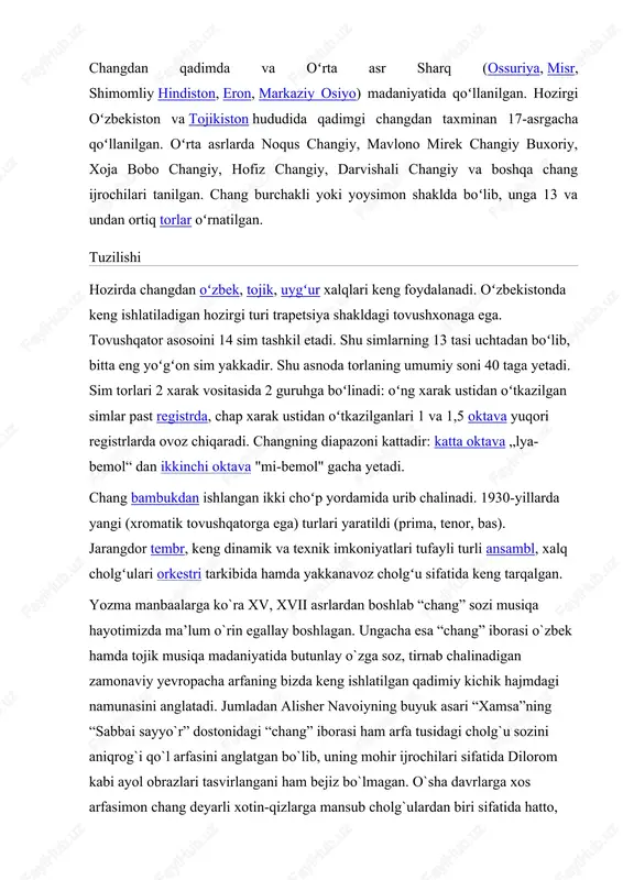 taqqoslab changni “sozlarning kelinchagi” deb ataydi. darvish ali – ibn mirzo ali-ibn xo`ja mahmud – marvarid shu sozning mohir ijrochisi edi. u yoshligidan changga mehr qo`ydi va keyinchalik shuhrat qozondi. shu davrning yana bir mohir changchisi – mavlono zaynuliddin rumiy edi. darvish alining ta’kidlashicha, u juda ko`p peshrav va kuylar ijod qilgan. ulardan eng ko`zga ko`rinarlisi 3 ta peshrav edi: birinchisi: ehson. husayniy maqomining pardalarini o`z ichiga oladi. ikkinchisi: soqil. iroq maqomi pardalari asosida ijod qilingan. uchunchisi: peshravi-ufor. husayniy maqomining xonalaridan tarkib topgan. yana darvish ali changiy qadimda (changni) kelib chiqishi haqida shunday yozadi: chang qadimiy soz bo`lib, mesopotamiyadan tortib, to xitoygacha bo`lgan juda katta hududda ishlatilgan. buxoroda (xvi asr) shayboniylardan bo`lgan abdullaxonning zamondoshi xo`jai kalon (buyuk xo`ja, shayx xo`ja sa’d) og`ir dardga giriftor bo`ladi. tabib sulton muhammad uni davolab, kasalni yengishda chang mashqlarini eshitishni tavsiya etadi. xo`ja sa’d darvish alini huzuriga chorlaydi. darvish ali uch oy davomida sa’d qoshida …