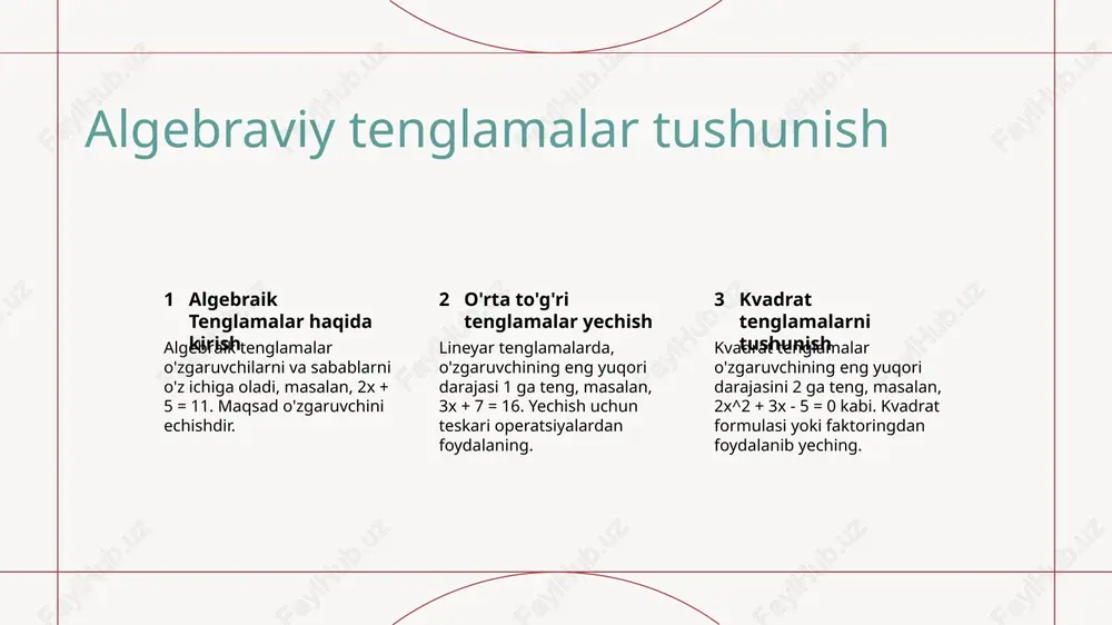 lik va arxitektura moliya va iqtisodiyot tibbiyot va sog'liqni saqlash matematik asoslar binolar, ko'prik va boshqa qurilishlarni dizayn qilish va qurish uchun qo'llaniladi, ularning barqarorligini va xavfsizligini ta'minlash. matematika shaxsiy moliya boshqarish, bozor tendentsiyalarini tahlil qilish va fond bozorida ma'lumotli investitsiya qilish uchun zarurdir. matematik modellar kasalliklarning tarqalishini bashorat qilish, dori dozalari hisoblash va tadqiqot va davolash uchun tibbiy ma'lumotlarni tahlil qilish uchun ishlatiladi. matematik dasturlash vositalaridan foydalanish 1 matematik modellash va simulyatsiya matematik dasturlash vositalari matlab va mathematica matematik modellar yaratish, tahlil qilish va real dunyo senariyalarni imitatsiyalash uchun ishlatilishi mumkin. 2 ma'lumotlarni tahlil qilish va vizualizatsiya r va python kabi vositalar numpy va pandas kabi kutubxonalardan foydalaniladi, statistik tahlil, ma'lumotlar vizualizatsiyasi va mashina o'rganish dasturlari uchun. 3 simvolik hisoblash va tenglama yechish maple va sympy kabi dasturlar simvolik hisoblash, murakkab tenglamalarni echish va algebraik manipulyatsiyalar amalga oshirish uchun ishlatilishi mumkin. matematik asoslar bilan muammolarni hal qilish 1 2 …