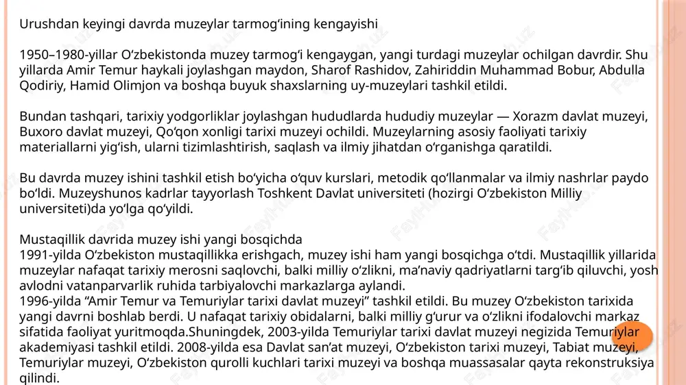 raqamlashtirish, fondlarni elektron katalogga kiritish, 3d skanerlash tizimlarini joriy etish ishlari boshlab berildi. zamonaviy bosqichda muzeylarning yangi roli bugungi kunda o‘zbekiston muzeylari xalqaro miqyosda faoliyat yuritmoqda. “virtual muzeylar”, “onlayn ekskursiyalar”, “raqamli fondlar” loyihalari amalga oshirilmoqda. 2020-yilda o‘zbekiston respublikasi madaniyat vazirligi huzurida muzeylar agentligi tashkil etildi. muzeylar endilikda nafaqat eksponat saqlovchi joy, balki ilmiy, ta’limiy, madaniy va turistik markaz sifatida ishlamoqda. turizm sohasida ham muzeylar katta o‘rin tutadi. masalan, “ipak yo‘li” turizm yo‘nalishida buxoro, xiva, samarqand va toshkent muzeylari sayyohlar uchun diqqatga sazovor markazlardir. hozirda respublikada 120 dan ortiq davlat muzeylari, 200 dan ziyod xususiy va ixtisoslashgan muzeylar faoliyat yuritadi. ularning faoliyatini ilmiy va metodik jihatdan qo‘llab-quvvatlash uchun oliy o‘quv yurtlarida “muzeyshunoslik”, “madaniy merosni boshqarish” yo‘nalishlari ochilgan. vo‘zbekiston muzey ishi tarixi (davomi, kengaytirilgan diktant) o‘zbekiston muzeychilik tarixining har bir bosqichi o‘ziga xos xususiyatlarga ega. bu jarayon faqatgina eksponatlar yig‘ish va saqlashdan iborat bo‘lmagan, balki jamiyatning ma’naviy hayotini boyitgan, tarixiy xotirani tiklashga …