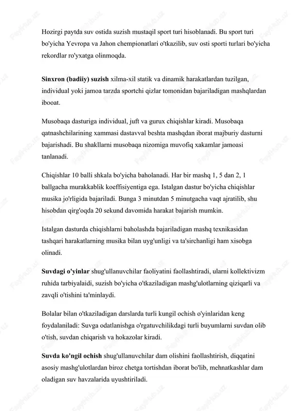 lashda bajariladigan mashq texnikasidan tashqari harakatlarning musika bilan uyg'unligi va ta'sirchanligi ham xisobga olinadi. suvdagi o'yinlar shug'ullanuvchilar faoliyatini faollashtiradi, ularni kollektivizm ruhida tarbiyalaidi, suzish bo'yicha o'tkaziladigan mashg'ulotlarning qiziqarli va zavqli o'tishini ta'minlaydi. bolalar bilan o'tkaziladigan darslarda turli kungil ochish o'yinlaridan keng foydalaniladi: suvga odatlanishga o'rgatuvchilikdagi turli buyumlarni suvdan olib o'tish, suvdan chiqarish va hokazolar kiradi. suvda ko'ngil ochish shug'ullanuvchilar dam olishini faollashtirish, diqqatini asosiy mashg'ulotlardan biroz chetga tortishdan iborat bo'lib, mehnatkashlar dam oladigan suv havzalarida uyushtiriladi. suvda ko'ngil ochish o'yinlari ikki turga: maxsus kurilmalar vositasida bajariladigan va qurilmalarsiz o'tkaziladigan o'yinlarga bo'linadi. suv to'pi-yagona, qiziqarli va zavqli sport o'yinidir. u sportchilardan yuksak suzish mahoratiga va suvda to'p bilan muomala qila olish qobiliyatiga ega bo'lishni talab qiladi. o'yin to'rt tarafi yog'och po'kaklar bilan o'ralgan suv maydonida (20x30 m) o'tkaziladi. maydonning yuza chiziqlari o'rtasiga balandligi 90 sm va kengligi 3 m li darvozalar o'rnatiladi. uyinda ishtirok etish uchun har bir komandadan 11 kishiga …