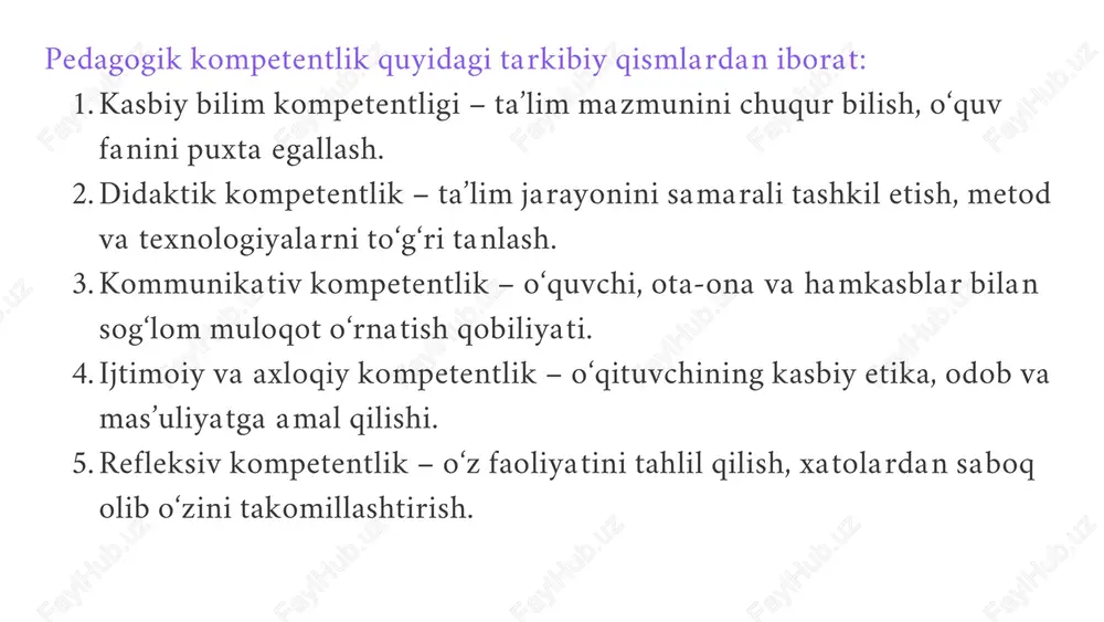 sh, ijodiy tafakkur va muammoni hal etish kompetensiyalarini rivojlantirish jarayoni sifatida ko‘radi. kreativlik quyidagi jihatlar bilan ifodalanadi: muammolarga turli nuqtai nazardan qaray olish; yangilikni izlash va uni amaliyotda tatbiq etish; stereotip fikrlashdan chiqish; o‘z ishida eksperiment qilish va riskka tayyor bo‘lish. pedagogik faoliyatda kreativlikning mazmuni pedagogik faoliyatda kreativlik — bu o‘quv jarayonini ijodiy tashkil etish, ta’limning mazmuni, shakli va usullarini yangilashni anglatadi. uning mazmuni quyidagi jihatlarda namoyon bo‘ladi: a) dars jarayonini yangicha tashkil etish darslarni o‘yin, loyiha, muammoli vaziyat yoki tadqiqot shaklida o‘tkazish. o‘quvchilarning faolligini oshiruvchi interfaol metodlardan foydalanish. o‘quvchini bilim oluvchi emas, hamkor va kashf etuvchi shaxs sifatida ko‘rish. b) o‘quvchilarda ijodiy tafakkurni shakllantirish har bir topshiriqda o‘quvchi mustaqil fikr yuritish, tahlil qilish, o‘z fikrini asoslash imkoniga ega bo‘ladi. “nega?”, “qanday qilib?”, “agar shunday bo‘lsa-chi?” kabi savollar orqali o‘quvchilar tafakkurini kengaytiradi. c) innovatsion texnologiyalarni qo‘llash dars jarayoniga axborot-kommunikatsiya texnologiyalari (akt), raqamli platformalar va multimediyani tatbiq etish. “flipped classroom”, “project-based …