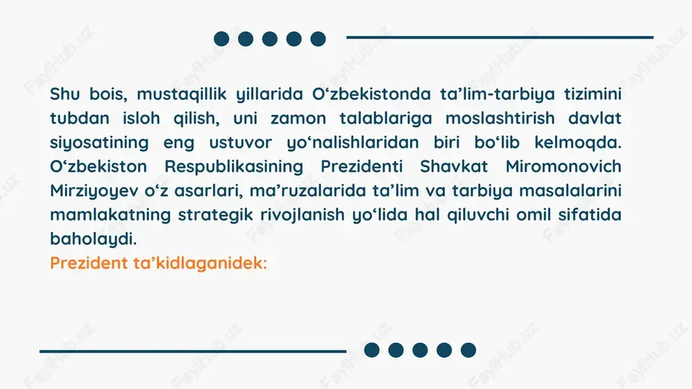 bo‘yicha tizimli ishlar yo‘lga qo‘yildi. prezident sh.m. mirziyoyev asarlarida inson kapitalini rivojlantirish masalalari — yangi o‘zbekiston taraqqiyotining markazida turadi. inson kapitali mamlakatning eng qimmat boyligi sifatida e’tirof etilib, unga investitsiya kiritish — jamiyatning barqaror rivojlanish garovi sifatida talqin qilinadi. ta’lim, fan, sog‘liqni saqlash, yoshlar siyosati va ma’naviy-ma’rifiy sohalardagi islohotlar insonning har tomonlama kamol topishiga xizmat qilib, o‘zbekistonni “bilimga asoslangan iqtisodiyot” sari olib bormoqda 1. “yangi o‘zbekiston” g‘oyasining mazmuni “yangi o‘zbekiston” — bu shunchaki siyosiy shior emas, balki xalqni farovon hayotga yetaklaydigan yangicha tafakkur, yangicha davlat va jamiyat qurish modelidir. prezident mirziyoyev o‘z asarlarida qayd etadi: “yangi o‘zbekistonni barpo etish — bu avvalo, yangi fikrlaydigan, yangicha yashaydigan, bilimli va ma’naviy yetuk insonni tarbiyalashdir.” shundan kelib chiqib, “yangi o‘zbekiston” tushunchasi inson omili va ma’naviyatga asoslangan taraqqiyotni anglatadi. unda insonning faolligi, tashabbuskorligi, bilim va ma’rifat darajasi davlat siyosatining markaziga qo‘yilgan. 2. “ma’rifatli jamiyat” konsepsiyasining mohiyati prezident sh.m. mirziyoyev o‘z nutqlari va asarlarida ko‘p …