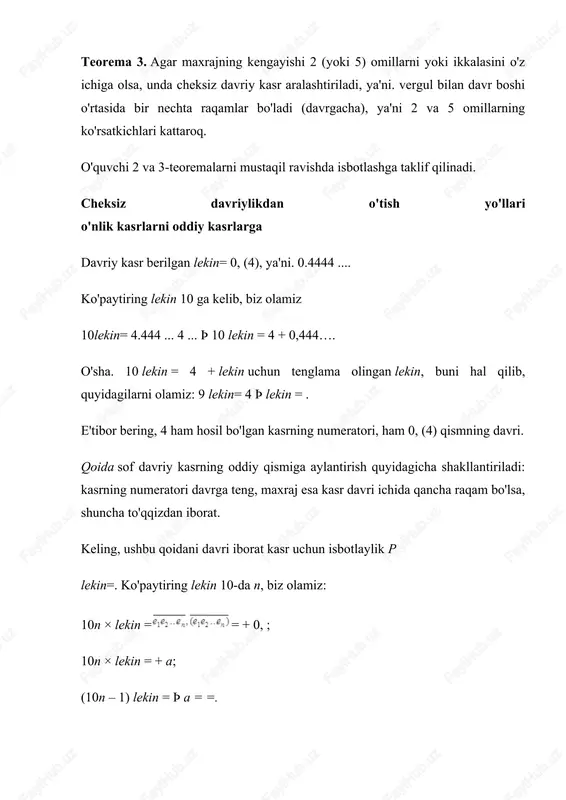 lgan biz belgilaymiz yilda= ; r= , dan=; keyin dan=× ichida 10k + r. ko'paytiring lekin 10 tomonidan bunday ko'rsatkich bilan oldingi davrda qancha raqam bor, ya'ni. 10-da n, biz olamiz: lekin× 10 n = +. yuqorida keltirilgan belgilarni hisobga olgan holda biz quyidagilarni yozamiz: a × 10n= yilda+ . shunday qilib, yuqorida keltirilgan qoida har qanday aralash davriy fraktsiya uchun isbotlangan. har qanday cheksiz davriy o'nlik kasr - bu qandaydir ratsional sonni yozish shakli. bir xillik uchun ba'zida oxirgi o'nlik kasr ham davri "nol" bo'lgan cheksiz davriy o'nlik kasr deb hisoblanadi. masalan, 0,27 = 0,27000 ...; 10.567 = 10.567000 ...; 3 = 3000 ... endi quyidagi gap haqiqatga aylanadi: har qanday ratsional son cheksiz o'nlik davriy kasr bilan ifodalanishi mumkin va har qanday cheksiz davriy o'nlik kasr aynan bitta ratsional sonni (davri 9 bo'lgan davriy o'nlik kasrlar) ifodalaydi. bu holda ko'rib chiqilmaydi). esingizda bo'lsin, o'nlik kasrlar haqidagi birinchi darsda …