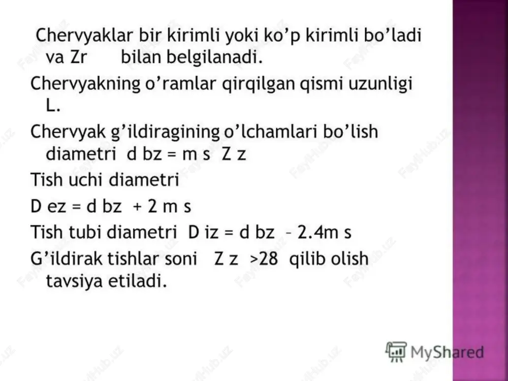 lashmadagi garantiyalangan zazor tanlngan tutashma turiga mos bo`lishi kerak. cherviyakli g`ildirakning o`rta tekisligi cherviyakning o`q tekisligiga to`g`ri kelishi lozim. uzatmani yig`ishd cherviyakli g`ildirak o`rta tekisligining cherviyakning o`q tekisligiga to`g`ri kelishi "bo`yoq iziga qarab" tekshiriladi. buning uchun cherviyak o`ramlarining ish sirtiga yupqa qilib bo`yoq surtiladi va bu bo`yoqning g`ildirak tishlariga o`tishi kuzatiladi. g`ildirakni qo`zg`almas val o`qiga nisbatan yoki val bilan birga siljitib kondak dog`i g`ildirak tishi o`rtasida joylashadigan bo`lishiga erishiladi. kontak dog`ini o`lchami va yo`l qo`yilgan chetga chiqishi quyidagicha: aniqlik darajasi……………………. 6; 7; 8; 9 jami kontakt dog`ining nisbiy o`lchamlari, %: tishning balandligi bo`yicha - 65 60 foyfalanilgan adabiyotlar: 1. shoobidov sh.a. mashina detallari. texnika oily o`quv yurtlari uchun darslik. toshkent: “o`zbekiston ensiklopediyasi”, 2014. -444 b. 2. kurganbekov m.m., moydinov a. mashina detallari: o`quv qo`llanma. i va ii qismlar. -toshkent: “o`zbekiston ensiklopediyasi”, 2014. -384 b. 3. sh.a. shoobidov mashina detallari. o'quv qo'llanma. toshkent 2004-120 b. 4.sh.a.shoobidov, s.u.musaev. «yuritmalar», tasmali va zanjirli …