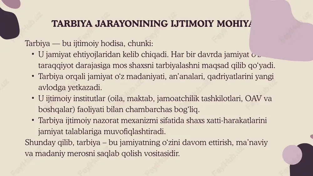 axsda vatanga muhabbat, xalqga sadoqat, milliy qadriyatlarga hurmatni shakllantirishdir. maqsadi: yoshlarni o‘z xalqining tarixini, tili va madaniyatini qadrlashga o‘rgatish. vositalari: tarixiy yodgorliklarga sayohatlar, davlat ramzlariga hurmat, milliy bayramlarda faol ishtirok, harbiy-vatanparvarlik tadbirlari. tarbiya turlarining o‘zaro bog‘liqligi tarbiya turlari bir-biridan ajralgan holda emas, balki bir butun tizim sifatida amalga oshadi. masalan: aqliy tarbiya axloqiy tarbiyani boyitadi; jismoniy sog‘lomlik mehnat va estetik tarbiyani qo‘llab-quvvatlaydi; vatanparvarlik tarbiyasi barcha yo‘nalishlar bilan uyg‘unlashadi. xxi asr — raqamli texnologiyalar va axborot jamiyati davri sifatida inson hayotining barcha sohalariga, jumladan ta’lim-tarbiyaga ham chuqur kirib keldi. raqamli davrda yoshlar internet, sun’iy intellekt, ijtimoiy tarmoqlar va media vositalar orqali ulkan axborot maydonida yashamoqdalar. shu sababli, tarbiya jarayoni endi an’anaviy shakllar bilangina cheklanmay, zamonaviy raqamli yondashuvlar asosida tashkil etilishi zarur bo‘lib qoldi. raqamli davrda tarbiyaning o‘ziga xos xususiyatlari axborot tezligi va ochiqligi – yoshlar axborotni turli manbalardan tez va keng ko‘lamda olish imkoniga ega. virtual muhitning ta’siri – internet va …