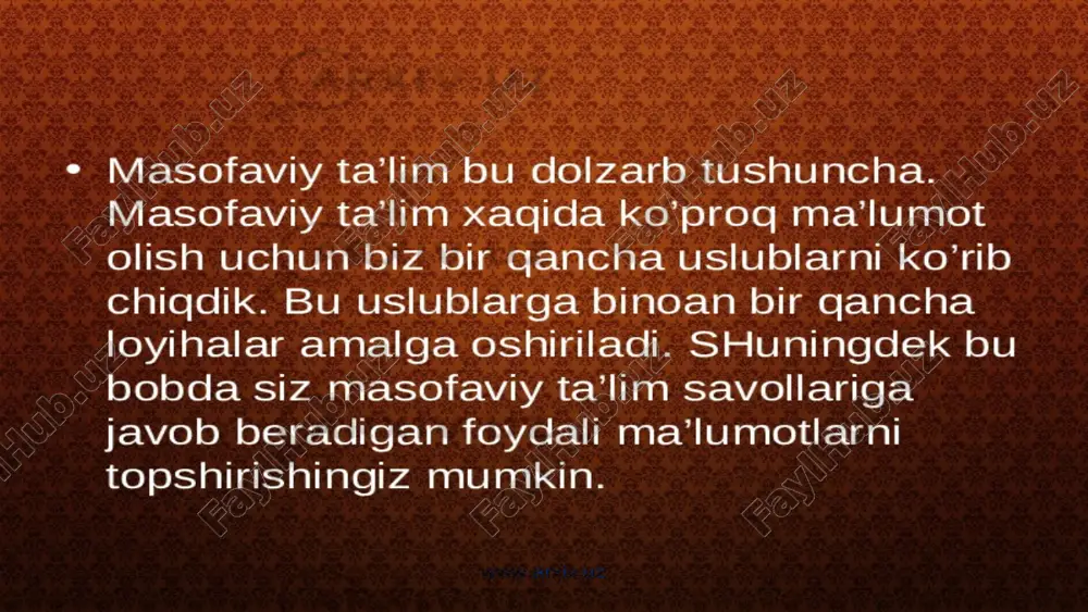 ni beradi. shunday qilib, elektron ta'lim resurslari masofaviy ta'limda talabaning ijodiy faoliyati tajribasini shakllantirish jarayonini quyidagi xususiyatlar bilan boyitadi: - axborotning muqobil manbalariga, shu jumladan masofaviy va taqsimlangan ma'lumotlar bazalariga, axborot saytlariga, internet orqali butun dunyo bo'ylab ko'plab konferensiyalarga kirish; masofaviy ta'limda talabaning ijodiy faoliyati tajribasini samarali shakllantirish jarayoni bevosita ushbu jarayon subyektlarining o'zaro ta'sirining samaradorligiga bog'liq bo'lib, shu munosabat bilan biz interaktiv ta'limni ta'minlaydigan masofaviy ta'limning tashkiliy resursini ajratamiz. elektron pochta, chat, forum orqali talabalar va o'qituvchi o'rtasidagi o'zaro aloqani tashkil etish zarur. interfaol vositalar o'qituvchilar va talabalarga ma'lumot almashish, umumiy muammolar bo'yicha hamkorlik qilish, g'oyalar yoki sharhlar joylashtirish, muammolarni hal qilish va muhokamalarda qatnashish va umumiy loyihalar yaratish imkonini beradi. bunday o'zaro ta'sirda talabalar to'liq ishtirokchi sifatida harakat qiladilar, ularning tajribasi nafaqat tayyor bilim beradigan, balki o'qituvchining tajribasidan kam emas. shu munosabat bilan interaktiv o'zaro ta'sir vositalari ijodiy faoliyat tajribasini shakllantirish jarayonini takomillashtirish uchun keng istiqbollarni ochadi, xususan: …