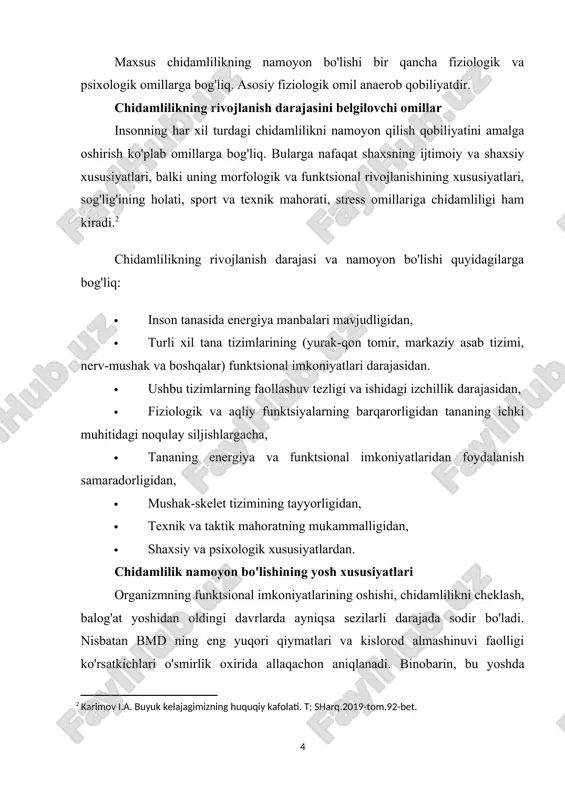 omiyligi 3. o'rtacha, yuqori, lekin maksimal intensivlik emas. turli xil shakllardagi jismoniy mashqlar, agar ular sanab o'tilgan xususiyatlarning butun majmuasini (kombinatsiyalangan yoki alohida) o'zlashtiradigan tarzda uslubiy tashkil etilgan bo'lsa, chidamlilikni rivojlantirish vositasi sifatida ishlatilishi mumkin. ular, xususan, bir necha marta uzluksiz takrorlash, individual mashqlar ta'sirini yig'ish, mashg'ulotlarning harakat zichligini oshirish va boshqa uslubiy jihatdan asosli usullar orqali zarur samaradorlikni beradigan asiklik va aralash gimnastika va o'yin mashqlari keng qo'llaniladi. so'nggi o'n yilliklarda bu borada o'qitishning tashkiliy-metodik shakli "doiraviy mashg'ulot" kabi muhim ahamiyatga ega bo'ldi. agar biz o'ziga xos chidamlilikni rivojlantirish haqida gapiradigan bo'lsak, unda vosita sifatida "maqsadli mashqlar" qo'llaniladi. mashqlar, ularga nisbatan maxsus chidamlilikning rivojlanish darajasi ta'minlanadi. bundan tashqari, maqsadli mashqlarning ma'lum modellari modellashtirilgan "maxsus tayyorgarlik mashqlari" qo'llaniladi. chidamlilikni, ayniqsa aerobik chidamlilikni rivojlantirishning qo'shimcha vositalariga, xususan, nafas olish mashqlari, asosiy mashqlarni bajarish paytida ratsional nafas olishni o'rnatish va ba'zi atrof-muhit omillaridan dozali foydalanish kiradi: nafas olayotgan havoning kislorod bilan to'yinganligi, …