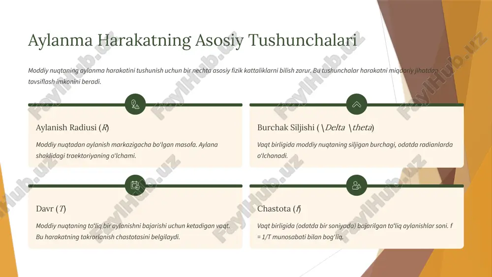 r qismi olib tashlanadi. ishqalanish sababli energiya yo'qotish muammo: aylanuvchi jismlar podshipniklar va havo bilan ishqalanish natijasida energiyaning bir qismini issiqlik shaklida yo‘qotadi, bu samaradorlikni pasaytiradi. yechim: silliq yuzalar va maxsus moylash materiallari (moylash) qo‘llaniladi. shuningdek, yuqori tezlikda ishlaydigan tizimlarda magnit podshipniklar ishlatilishi mumkin. kinetik energiya va aylanma harakatda ish–quvvat tushunchalari aylanuvchi jism ham chiziqli harakatdagidek kinetik energiyaga ega bo‘ladi, faqat bu energiya uning burchak tezligiga va inertsiya momentiga bog‘liq bo‘ladi. kuch momenti jismni aylantirayotganda ish bajaradi. bu ish jismning kinetik energiyasini oshiradi. shuningdek, kuch momenti vaqt davomida ish bajarayotganida quvvat hosil qiladi. demak, aylanishdagi ish va quvvat tushunchalari ham chiziqli harakatdagiga o‘xshash, lekin ular burchak kattaliklari orqali ifodalanadi. moddiy nuqtaning aylanma harakati fizikaning poydevori bo‘lib, turli xil texnologiyalar va tabiiy jarayonlar uchun asosiy tushunchalarni taqdim etadi. asosiy formula aylanma harakat chiziqli harakatdagi analoglari (burchak tezligi, burchak tezlanishi, inersiya momenti) orqali to‘liq tavsiflanadi. kichli talab aylanma harakatni saqlab qolish uchun …