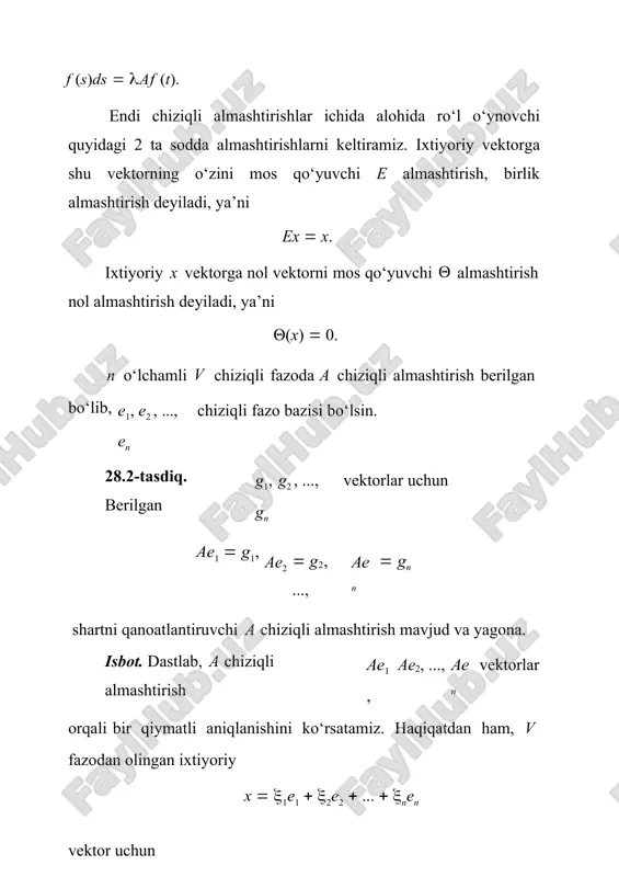 shlarning ko‘paytmasi deb, avval b almashtirishni so‘ngra esa a almashtirishni ketma-ket bajarishdan iborat bo‘lgan c almashtirishga aytiladi, ya’ni c  ab ifoda x vektor uchun cx  a(bx) ekanligini bildiradi. dastlab, chiziqli almashtirishlarning ko‘paytmasi yana chiziqli almashtirish bo‘lishini ko‘rsatamiz. haqiqatan ham, c(x1  x2 )  a(b(x1  x2 ))  a(bx1  bx2 )   a(bx1 )  a(bx2 )  cx1  cx2 , c(x)  a(b(x))  a(bx)  a(bx)  cx. endi chiziqli almashtirishlar yig‘indisining matritsasini aniqlaga- nimiz kabi ko‘paytmaning ham matritsasini aniqlaymiz. a va b chiziqli almashtirishlar matritsalari foydalanib, (ai,k ) va (bi,k ) ekanligidan  n  n cek  a(bek )  abj ,kej   bj ,k aej   j1  j1 n n  b a e  n  n  a b e  j ,k  i, j i  i, j j ,k  i …
