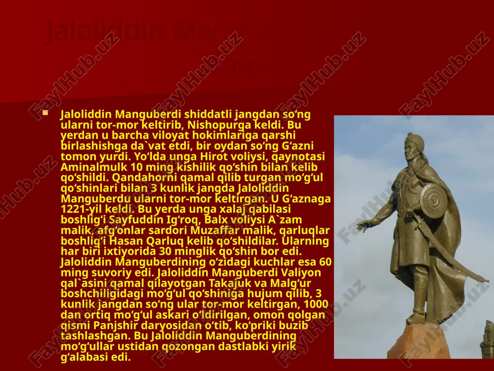 tliq qo‘shin bilan yo‘lga chiqadi. biroq jaloliddin manguberdi unga sovg‘a-salomlar bilan miroxur odekni elchi sifatida jo‘natgan va o‘zaro nizoni tinchlik bilan hal etgan. 1225-yil jaloliddin manguberdi ozarbayjonga yurish qiladi. so‘ng bag‘dodga qarshi yurishga hozirlik ko‘radi. xalifa nosirgacha elchi jo‘natib, mo‘g‘ullarga qarshi birlashishga chaqiradi. bunga javoban xalifa jaloliddin manguberdiga qarshi o‘zining mamluki amir jamoliddin qushtemir boshliq 20 minglik qo‘shin jo‘natdi. basra yaqinidagi jangda xalifa qo‘shinlari tor-mor keltirildi. xalifa bag‘dod mudofaasi bilan mashg‘ul bo‘ladi. jaloliddin manguberdi bag‘dod atrofida 12 kun turgach, ozarbayjon tomon ketadi. ozarbayjon va arron otabegi o‘zbek ichkilik, maishatga berilib davlat ishlarini o‘z holiga tashlab qo‘ygan edi, davlatni amalda uning xotini malika xotun boshqarardi. 1225-yil mayda jaloliddin manguberdi marog‘a shahrini jangsiz qo‘lga kiritadi. jaloliddin manguberdi haqida uning shaxsiy kotibi, tarixchi nasaviy shunday yozadi: “jaloliddin qorachadan kelgan, o‘rta bo‘yli, turk lafzli odam edi. fors tilini ham yaxshi bilardi. uning botirligiga kelganda shuni aytish kerakki, sulton arslonlar orasidagi eng kuchli sher edi. …
