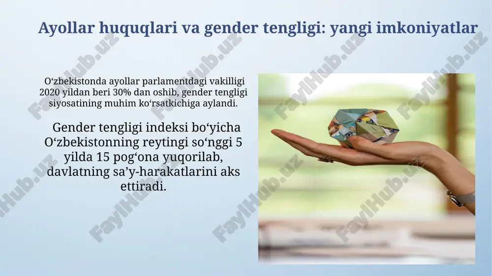 adolatli sud jarayoni va shaxsning daxlsizligi kafolatlarini kuchaytirdi. 📚 foydalanilgan adabiyotlar o‘zbekiston respublikasi konstitutsiyasi. – toshkent “o‘zbekiston”, 2023. “inson huquqlari to‘g‘risida” o‘zbekiston respublikasi qonuni. – toshkent, 2019. karimov i.a. o‘zbekiston xxi asr bo‘sag‘asida: xavfsizlikka tahdid, barqarorlik shartlari va taraqqiyot kafolatlari. – toshkent: “o‘zbekiston”, 1997. mirziyoyev sh.m. inson qadrini ulug‘lash va faol mahalla yili – ezgu maqsadlarimiz sari dadil qadam. – toshkent “o‘zbekiston”, 2023. bobojonov r., tursunov a. inson huquqlari va erkinliklari: nazariya va amaliyot. – toshkent tdyuu nashriyoti, 2020. g‘aniyeva m. fuqarolik jamiyati va inson huquqlarini ta’minlashning huquqiy asoslari. – toshkent “adolat”, 2021. to‘xtaboyev sh. o‘zbekistonda inson huquqlari kafolatlari tizimi va ularning rivojlanish bosqichlari. – toshkent “yangi asr avlodi”, 2022. e’tiboringiz uchun rahmat. image4.png image5.jpeg image6.jpeg image7.jpeg image8.jpeg image9.jpeg image10.jpeg image11.jpeg image12.jpeg image13.jpeg image14.jpeg image15.jpeg image16.jpeg image17.jpeg image3.jpeg