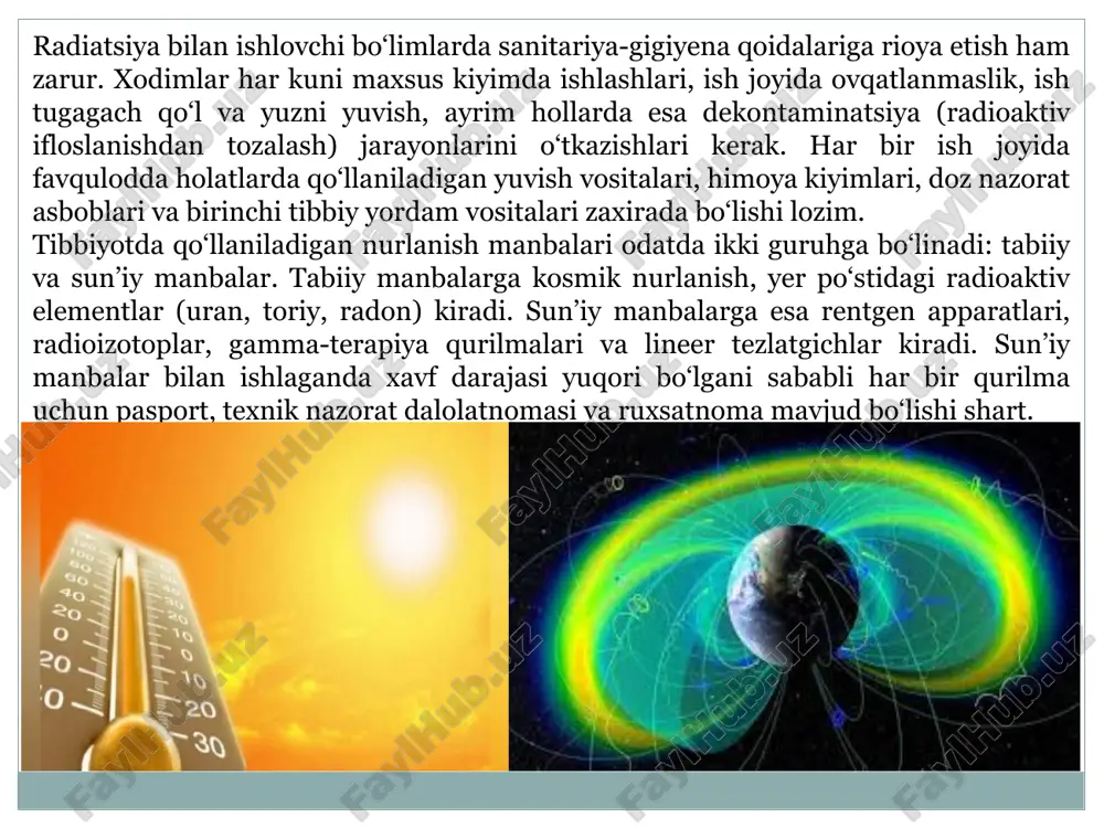 siya xavfsizligi bo‘yicha mas’ul mutaxassis tayinlanadi. u xodimlarni dozimetrik nazoratdan o‘tkazish, himoya vositalarining texnik holatini kuzatish, sanitariya talablari bajarilishini nazorat qilish hamda radiatsion xavfsizlik bo‘yicha o‘quv mashg‘ulotlarini tashkil etish uchun javobgar bo‘ladi. radiatsiya bilan ishlaydigan barcha xodimlar yiliga kamida bir marta tibbiy ko‘rikdan o‘tadilar, qon tahlillari, gematologik va biologik ko‘rsatkichlar tahlili orqali nurlanishning ta’siri baholanadi. radiatsiya xavfsizligi tizimida muhim o‘rin egallagan xalqaro tashkilotlar — xalqaro atom energiyasi agentligi (iaea), birlashgan millatlar tashkiloti (bmt), xalqaro radiologiya komissiyasi (icrp) hamda jahon sog‘liqni saqlash tashkiloti (who) tomonidan ishlab chiqilgan xalqaro me’yorlar dpm faoliyatida qo‘llaniladi. xususan, icrp tavsiyalariga ko‘ra, nurlanishdan himoya qilish uch asosiy tamoyilga tayangan bo‘lishi lozim: asoslanganlik, optimallashtirish va me’yorlash. asoslanganlik tamoyili shuni anglatadiki, har bir nurlanish jarayoni tibbiy jihatdan zarur va foydasi xavfidan ustun bo‘lishi kerak. optimallashtirish tamoyili (alara printsipi) – nurlanish dozasini texnik, iqtisodiy va tibbiy imkoniyatlardan kelib chiqib eng past darajagacha kamaytirish. dpmlar faoliyatida nurlanish manbalarining xavfsiz saqlanishi ham …