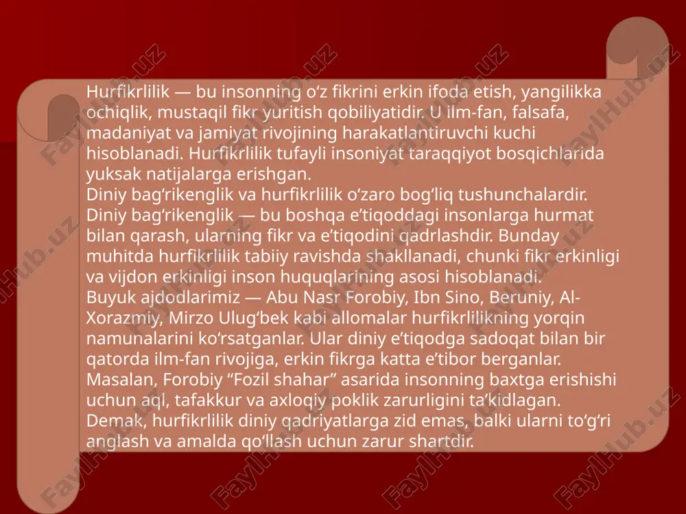 lom instituti, imom buxoriy nomidagi xalqaro tadqiqot markazi, imom termiziy markazi kabi ilmiy va diniy muassasalar nafaqat diniy bilimlarni o‘rgatish, balki hurfikrlilik, ilmiy izlanish va bag‘rikenglik g‘oyalarini targ‘ib etishda ham faol ishtirok etmoqda. hurfikrlilik insonni ijtimoiy stereotiplardan, asossiz dogmalardan ozod qiladi. biroq bu erkinlik chegarasiz bo‘lishi mumkin emas — u axloqiy, huquqiy va ma’naviy me’yorlarga tayanmog‘i lozim. dinsiz hurfikrlilik ma’naviy bo‘shliq keltirib chiqarsa, hurfikrliliksiz din esa qotib qolgan, yangilanishdan uzoq tizimga aylanadi. shuning uchun ularning uyg‘unligi jamiyat barqarorligining zarur shartidir. bugungi o‘zbekiston sharoitida din va hurfikrlilikning uyg‘unligi davlat siyosatida o‘z ifodasini topgan. mamlakatimizda barcha fuqarolarga vijdon erkinligi kafolatlanib, diniy tashkilotlar faoliyati qonun asosida yo‘lga qo‘yilgan. o‘zbekiston respublikasi prezidenti tomonidan ilgari surilgan “ma’naviy yuksalish – millat taraqqiyotining asosi” g‘oyasi diniy qadriyatlar va erkin fikrlash madaniyatini uyg‘unlashtirishni ko‘zda tutadi. davlatimizda turli diniy konfessiyalar o‘rtasida tinchlik va bag‘rikenglik muhiti mavjud. musulmonlar, nasroniylar, yahudiylar, buddistlar va boshqa e’tiqod vakillari bir jamiyatda o‘zaro hurmat va …