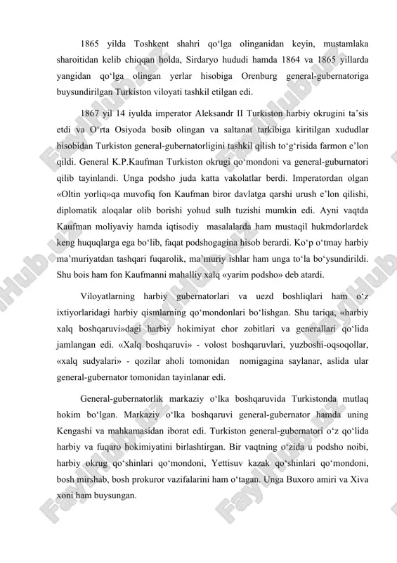 «xalq sudyalari» - qozilar aholi tomonidan nomigagina saylanar, aslida ular general-gubernator tomonidan tayinlanar edi. general-gubernatorlik markaziy o‘lka boshqaruvida turkistonda mutlaq hokim bo‘lgan. markaziy o‘lka boshqaruvi general-gubernator hamda uning kengashi va mahkamasidan iborat edi. turkiston general-gubernatori o‘z qo‘lida harbiy va fuqaro hokimiyatini birlashtirgan. bir vaqtning o‘zida u podsho noibi, harbiy okrug qo‘shinlari qo‘mondoni, yettisuv kazak qo‘shinlari qo‘mondoni, bosh mirshab, bosh prokuror vazifalarini ham o‘tagan. unga buxoro amiri va xiva xoni ham buysungan. bosh boshqarmaning ijroiya organi bo‘lgan general-gubernator mahkamasi dastlab to‘rt bo‘limdan iborat edi. birinchi bo‘lim ma’muriy va nazorat ishlarini boshqargan. ikkinchisi bosh boshqarmaning moliyaviy-xo‘jalik ishlariga qaragan. uchinchi bo‘lim soliqlar, shaharlar mablag‘lari hamda boshqaruvga doir nizomlar loyihalarini tayyorlash bilan shug‘ullangan.to‘rtinchi bo‘lim esa maxsus bo‘lim hisoblanib, uning faoliyat doirasi g‘oyat keng va serqirra bo‘lgan. 1886 yilgacha mustaqil ish ko‘rgan bu bo‘lim harbiy va adliya vazirlari ko‘rsatmalaridan mustasno ravishda sud qarorlarini ham qayta ko‘rish huquqiga ega bo‘lgan. turkiston o‘lkasi markaziy bosh boshqarmasi tarkibida …