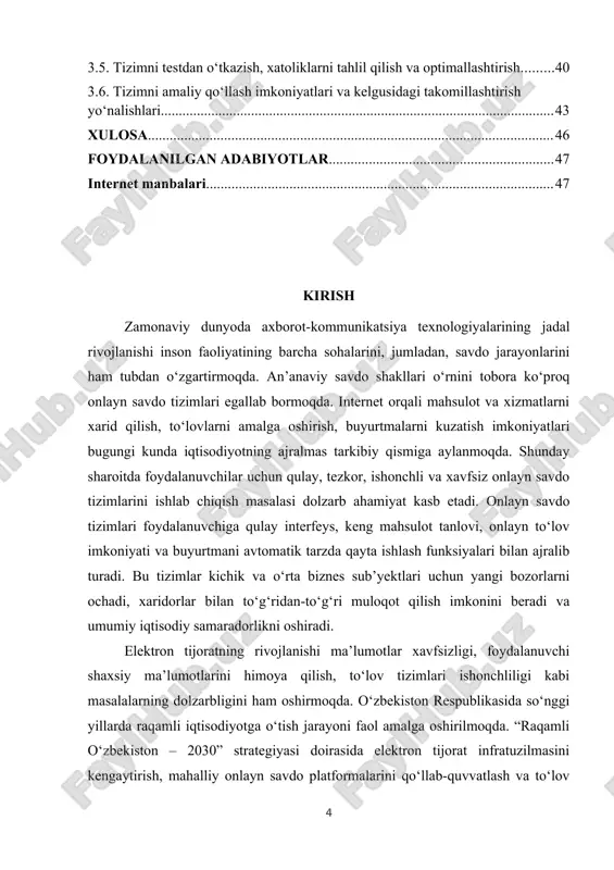 lgan tizimning ishlash samaradorligini tahlil qilish va sinovdan o‘tkazish; — olingan natijalar asosida xulosa va amaliy tavsiyalar ishlab chiqish. kurs ishining obyekti — zamonaviy axborot texnologiyalari asosida yaratilgan onlayn savdo tizimlari va ularning ishlash jarayonidir. ya’ni, internet orqali tovar va xizmatlarni sotish, xaridor bilan muloqot qilish, buyurtmalarni boshqarish hamda to‘lovlarni amalga oshirishni ta’minlovchi elektron platformalar kurs ishining tadqiqot obyekti sifatida qaraladi. kurs ishining predmeti — onlayn savdo tizimini yaratishning texnik, dasturiy va tashkiliy jihatlari, ya’ni tizimni ishlab chiqish, ma’lumotlar bazasini loyihalash, foydalanuvchi interfeysini yaratish, xavfsizlikni ta’minlash va tizimni amaliyotda qo‘llash mexanizmlaridir. i bob. onlayn savdo tizimlarining nazariy va metodologik asoslari 1.1 elektron tijoratning mohiyati, vazifalari va zamonaviy iqtisodiyotdagi o‘rni elektron tijorat — bu axborot-kommunikatsiya texnologiyalari yordamida tovarlar va xizmatlarni internet orqali sotish va xarid qilish jarayoni bo‘lib, u zamonaviy iqtisodiyotning eng tez rivojlanayotgan yo‘nalishlaridan biridir. elektron tijoratning paydo bo‘lishi nafaqat savdo usullarini, balki butun iqtisodiy tizimning faoliyatini tubdan o‘zgartirdi. 1-rasm …
