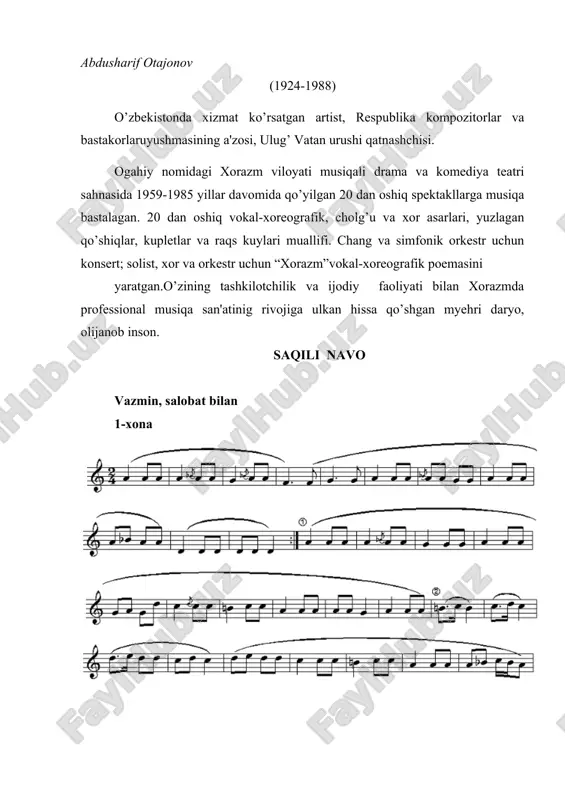 ofiqdir. bu xususda o’qituvchi har bir talabani bilim saviyasini va ijro mahoratini o’zlashtirishini nazorat etishi lozim. so’ngra, uning ijodiy rivojlanish qobiliyatini hisobga olib saboq rejasini tuzadi. oliygoh ta’lim tizimida an’anaviy musiqani o’zlashtirish jarayonida bir qator an’anaviy va texnikaviy jihatlarga asoslanishi taqozo etiladi. buni biz avvalo ustoz va shogird an’analarida ko’ramiz. shu bilan birga, har bir talaba quyidagi o’zlashtirish omillariga alohida e’tibor berishlari talab etiladi: a) tanlangan dasturni ustozlar ijrolaridan kompakt disk orqali eshitib borish; b) musiqiy asarni albatta yod olish; v) nota yozuvlarini ravon, aniq va erkin ijro etish; g) asar kompakt disklarida mavjud bo’lsa, nota yozuvi bilan taqqoslash; d) asar ijrosiga ijodiy yondashish. qayd etish lozimki, o’z o’rnida dastlabki asar ijrosi o’qituvchi tomonidan ijro etilishi, ta’lim talablaridan biri ekanligini e’tirof etish lozimdir. o’qituvchining dastlabki ijrosi nazariy tushuntirish bilan davom etishi, asarning tarkibiy qismi haqidagi ma’lumotlarni talabalarga tushuntirish bilan davom etadi. bu jarayonda o’qituvchi quyidagi unsurlarga e’tibor berishni uqtirishi lozim. …