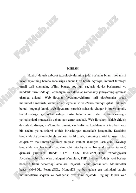 texnik bilimlarni o‘zlashtirish, analitik fikrlash va ijodiy yondashuvni rivojlantirishga yordam beradi. kurs ishining maqsadi zamonaviy axborot texnologiyalaridan foydalangan holda samarali, qulay va xavfsiz ishlovchi web ilova yaratish jarayonini o‘rganish, uning nazariy va amaliy jihatlarini tahlil qilish hamda dasturlash asosida amaliy loyiha ishlab chiqishdan iboratdir. web ilova yaratish bosqichlari — talablarni tahlil qilish, dizayn va arxitektura ishlab chiqish, frontend va backend qismlarini yaratish, ma’lumotlar bazasini integratsiya qilish, tizimni testdan o‘tkazish va ishga tushirish jarayonlari chuqur o‘rganiladi. vazifalari – web ilovalar tushunchasi, tuzilishi va turlarini nazariy jihatdan o‘rganish; – web texnologiyalarining rivojlanish bosqichlarini tahlil qilish; – web dasturlash tillari (html, css, javascript, php, python va boshqalar) hamda ularning imkoniyatlarini o‘rganish; – web ilova arxitekturasini va uning asosiy qismlarini (frontend va backend) ishlab chiqish tamoyillarini tahlil qilish; – foydalanuvchi interfeysini loyihalash va qulay dizayn yaratish usullarini ko‘rib chiqish; – ma’lumotlar bazasi bilan ishlash, uni web ilova bilan integratsiya qilish usullarini o‘rganish; – web …