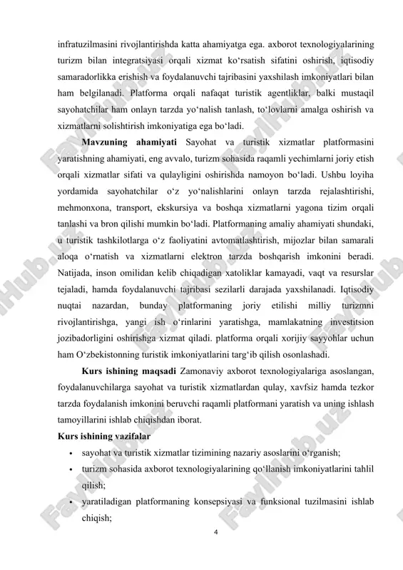omillashtirish yo‘nalishlarini aniqlash. mavzuning obyekti sayohat va turistik xizmatlarni raqamli boshqarish tizimlari hamda ularning faoliyat mexanizmlaridir. mavzuning predmeti sayohat va turistik xizmatlar uchun mo‘ljallangan onlayn platformani yaratish jarayoni, uning dasturiy arxitekturasi, funksional imkoniyatlari va amaliy qo‘llanilish samaradorligini o‘rganishdan iborat. i bob. sayohat va turistik xizmatlar tizimini yaratishning nazariy asoslari 1.1. sayohat va turizm sohasida axborot texnologiyalarining roli zamonaviy davrda axborot texnologiyalari turizm sohasining ajralmas qismiga aylangan. turizm — xizmat ko‘rsatishga asoslangan iqtisodiy tarmoq bo‘lib, uning samarali faoliyat yuritishi to‘liq axborot oqimini to‘g‘ri boshqarishga bog‘liqdir. ayniqsa, internet tarmog‘i, mobil ilovalar, onlayn to‘lov tizimlari va ma’lumotlar bazalari rivojlanishi natijasida sayohat jarayonlarini rejalashtirish, bron qilish, to‘lovlarni amalga oshirish va xizmatlar haqida fikr almashish jarayonlari avtomatlashtirildi. axborot texnologiyalarining turizm sohasidagi asosiy roli — ma’lumotlarni tezkor yetkazish, xizmatlar o‘rtasida o‘zaro integratsiyani ta’minlash va foydalanuvchiga qulaylik yaratishdan iboratdir. zamonaviy turist endi sayohat agentligiga borib navbat kutmaydi, balki birgina mobil ilova yoki veb-platforma orqali mehmonxona, transport, ovqatlanish …