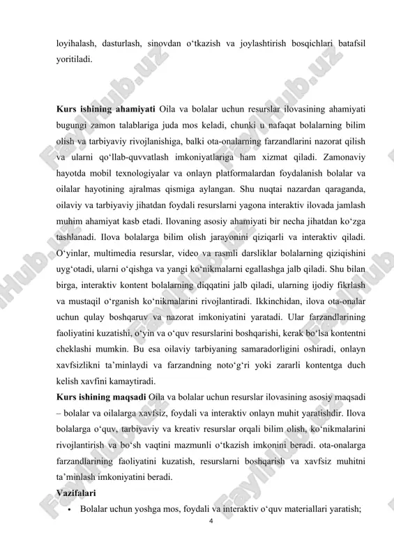 alar va ota-onalar o‘zaro muloqot qilishi, ma’lumotlarni boshqarishi va resurslardan samarali foydalanishi ta’minlanadi. ilovaning texnologik yechimlari, mobil qurilmalarga moslashuvi, foydalanuvchi tajribasi (ui/ux), interaktiv elementlar va xavfsiz kontentni taqdim etish jarayoni tahlil qilinadi. nazariy qism 1.1 oila va bolalar uchun resurslar tushunchasi oila va bolalar uchun resurslar tushunchasi – bu bolalarning bilim olish, tarbiyaviy va kreativ rivojlanishini qo‘llab-quvvatlaydigan, shuningdek ota-onalarga farzandlarini nazorat qilish va qo‘llab-quvvatlash imkonini beradigan turli xil interaktiv, ta’limiy va o‘yin resurslarini jamlovchi vositalardir. ushbu resurslar onlayn platformalar, mobil ilovalar, multimedia materiallar, darsliklar, o‘quv o‘yinlar va boshqa interaktiv shakllarda bo‘lishi mumkin. ularning asosiy maqsadi – bolalarga yoshiga mos va qiziqarli shaklda bilim berish, ularning intellektual va ijtimoiy ko‘nikmalarini rivojlantirish, shuningdek, ota-onalarga farzandning faoliyatini nazorat qilish imkoniyatini yaratishdir. oila va bolalar uchun resurslar nafaqat ta’lim va o‘yin materiallarini, balki tarbiyaviy va kreativ mashg‘ulotlarni ham o‘z ichiga oladi, bu esa bolalarning umumiy rivojlanishiga ijobiy ta’sir ko‘rsatadi. bunday resurslar xavfsizlik jihatidan muhim …