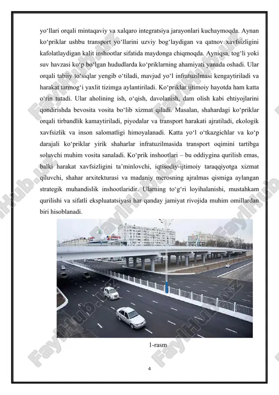 ekspluatatsiyasi har qanday jamiyat rivojida muhim omillardan biri hisoblanadi. 1-rasm ko‘prik inshootlarining ahamiyati nafaqat ularning asosiy vazifasi — transport va piyodalar harakatining uzluksizligini ta’minlashda, balki iqtisodiy va ijtimoiy rivojlanishdagi roli bilan ham belgilanadi. har qanday mamlakat yoki hududda ko‘priklar orqali transport infratuzilmasining samarali faoliyat yuritishi iqtisodiy faoliyatni kengaytirish, yangi ish o‘rinlarini yaratish va aholining yashash sharoitlarini yaxshilash imkonini beradi. masalan, tog‘li hududlarda yoki keng daryolar, suv havzalari mavjud joylarda ko‘priklar qurilishi yo‘l harakatining soddalashuvi va tezlashuvi bilan birga, qishloq va shaharlar o‘rtasidagi aloqalarni mustahkamlashga xizmat qiladi. ko‘priklar orqali logistika tizimlari rivojlanadi, yuk tashishning samaradorligi oshadi, bu esa tovarlar va xizmatlar narxining pasayishiga olib keladi. 2-rasm ko‘priklar yordamida qishloq xo‘jaligi va sanoat mahsulotlarini bozorga tez va ishonchli yetkazib berish imkoniyati yaratiladi. mintaqaviy farqlar kamayadi va ijtimoiy adolat tamoyillari kuchayadi. shahar yo‘llarida esa ko‘prik inshootlari tirbandlikni kamaytirish, harakat oqimini yaxshilash va piyoda hamda transport qatnovini xavfsiz va qulay qilish uchun zarurdir. zamonaviy …