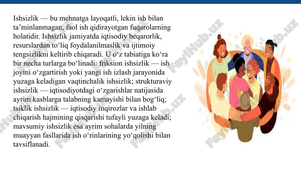 minlash markazlari (mehnat bo‘limlari) ishsiz fuqarolarga amaliy yordam ko‘rsatishda markaziy o‘rinni egallaydi. ular mehnat bozoridagi bo‘sh ish o‘rinlari to‘g‘risida ma’lumot beradi, ishsizlarni ro‘yxatga oladi va ularni ish beruvchilar bilan bog‘laydi. shuningdek, vaqtincha bandlik dasturlari, jamoat ishlariga jalb etish, ijtimoiy nafaqa tayinlash, kasbiy maslahat berish kabi xizmatlarni ham ko‘rsatadi. markazlar faoliyati aholining turli qatlamlariga, ayniqsa, yoshlar, ayollar va nogironligi bor fuqarolarga alohida e’tibor qaratadi. kasbga o‘qitish va qayta tayyorlash dasturlari. mehnat bozoridagi talab va taklif o‘rtasidagi nomutanosiblikni kamaytirish maqsadida ishsiz fuqarolar uchun kasb-hunar o‘rgatish va qayta tayyorlash dasturlari joriy etilgan. ushbu dasturlar orqali fuqarolar zamonaviy kasblarni egallash, yangi texnologiyalarni o‘rganish, shuningdek, tadbirkorlik faoliyatini yo‘lga qo‘yish imkoniyatiga ega bo‘lmoqda. davlat tomonidan “monomarkazlar”, “kasb-hunar maktablari” hamda “yoshlar – kelajagimiz” kabi tashabbuslar orqali bepul o‘qitish kurslari tashkil etilgan. bunday dasturlar ishsizlarning mehnat bozorida raqobatbardoshligini oshirishga xizmat qiladi. ijtimoiy xizmatlar orqali yordam ko‘rsatish shakllari. ishsiz fuqarolarga ijtimoiy xizmatlar ko‘rsatish ularning nafaqat moddiy, balki psixologik va …