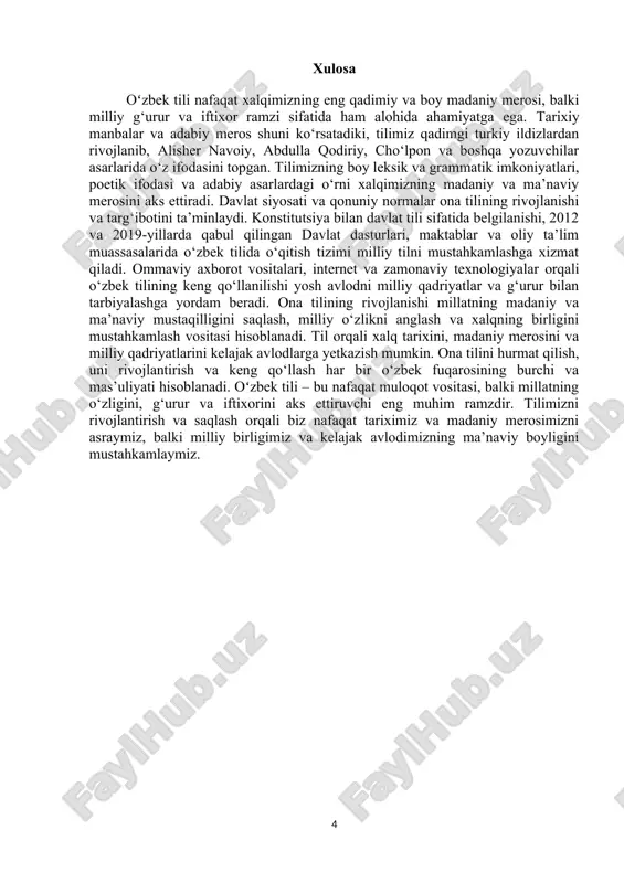 shlar tilning grammatik va leksik imkoniyatlarini o‘rganadi, milliy qadriyatlarni hurmat bilan qabul qiladi. oliy ta’limda o‘zbek tili asosiy o‘qitish tili sifatida ishlatiladi va ilmiy tadqiqotlar ham asosan ona tilida olib boriladi. ona tilini hurmat qilish va rivojlantirish milliy g‘ururni shakllantirishning muhim omilidir. til nafaqat madaniy va ma’naviy merosni saqlash vositasi, balki milliy o‘zlikni anglash, mustaqillik va milliy iftixorni namoyon qilish vositasi hisoblanadi. davlat organlari, maktablar, ilmiy va madaniy muassasalar o‘zbek tilini keng targ‘ib qilish, yosh avlodga yetkazish va har tomonlama rivojlantirish bo‘yicha tizimli ishlar olib bormoqda. oʻzbek tilining milliy g‘urur va iftixor ramzi sifatidagi roli nafaqat tarixiy va madaniy, balki zamonaviy davlat siyosati va ijtimoiy hayot bilan ham mustahkam bog‘liq. ona tilini rivojlantirish va uni har tomonlama qo‘llash orqali millat o‘zligini anglaydi, madaniy va ma’naviy mustaqilligini mustahkamlaydi hamda kelajak avlodga boy merosini yetkazadi. til milliy g‘urur va iftixor ramzi sifatida, madaniy merosni saqlashda muhim o‘rin tutadi. 2000-yillardan so‘ng zamonaviy o‘zbek …