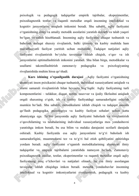 ri uchun katta ahamiyatga ega. ta’lim jarayonida aqliy faoliyatni baholash va rivojlantirish o‘quvchilarning va talabalarining individual xususiyatlariga mos yondashuvni yaratishga imkon beradi, bu esa bilim va malaka darajasini sezilarli darajada oshiradi. kasbiy faoliyatda esa aqliy jarayonlarni to‘g‘ri baholash ish samaradorligini, muammolarni tez va to‘g‘ri hal etish qobiliyatini oshirishga yordam beradi. aqliy faoliyatni o‘rganish metodikalarining ahamiyati ilmiy tadqiqotlar va empirik tajribalarni yaratishda namoyon bo‘ladi. zamonaviy psixodiagnostik usullar, testlar, eksperimentlar va raqamli metodlar orqali aqliy faoliyatning aniq o‘lchovlari va natijalari olinadi, bu esa ilmiy asoslangan tavsiyalar ishlab chiqishga imkon beradi. shu bilan birga, metodik yondashuvlar insonning intellektual va kognitiv imkoniyatlarini rivojlantirish, pedagogik va kasbiy jarayonlarni optimallashtirish hamda shaxsning ijodiy va muammolarni hal qilish qobiliyatini oshirishda katta rol o‘ynaydi. kurs ishining maqsadi aqliy faoliyatni o‘rganishning ilmiy-metodik asoslarini aniqlash, turli metodikalarni tahlil qilish va ularning amaliy qo‘llanilish imkoniyatlarini yoritishdir. maqsad insonning tafakkur, diqqat, xotira, tasavvur va ijodiy fikrlash kabi psixologik jarayonlarini aniqlash va baholash …