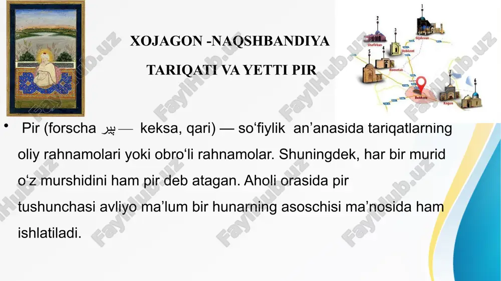 shug’ullangan xoja bahouddin naqshband matoga gul bosish, kimhob to’qish va dehqonchilik bilan shug’ullangan sayyid amir kulol kulolchilik bilan shug’ullangan xoja ali romitaniy to’qimachilik bilan shug’ullangan xoja abdulxoliq g’ijduvoniy xoja orif revgariy xoja mahmud anjirfag’naviy xoja ali romitaniy ikkita o’g’illari bo’lgan: sayyid umar va mavlono najmiddin hojib ikkita o’g’illari bo’lgan: xoja muhammad va xoja ibrohim avliyolarning farzandlari xoja bahouddin naqshband sayyid amir kulol xoja muhammad bobo samosiy ikkita o’g’illari bo’lgan: kattasini ismi ma’lum emas, kichkinasi:xoja mahmud to’rtta o’g’illari bo’lgan: amir burxon, amir shoh, amir hamza, amir umar uchta qizlari bo’lgan: bibicha xotun kalon, bibicha robia xotun, bibicha sarvar xotun avliyolarning farzandlari “ osmonning bezagi yulduzlar bo’lsa, yerning bezagi ulamolardir.’’ “ vasiyatnoma’’ risolasidan e’tiboringiz uchun raxmat image3.jpg image4.jpeg image5.png image6.png image7.png image2.jpeg image8.jpeg image1.jpeg
