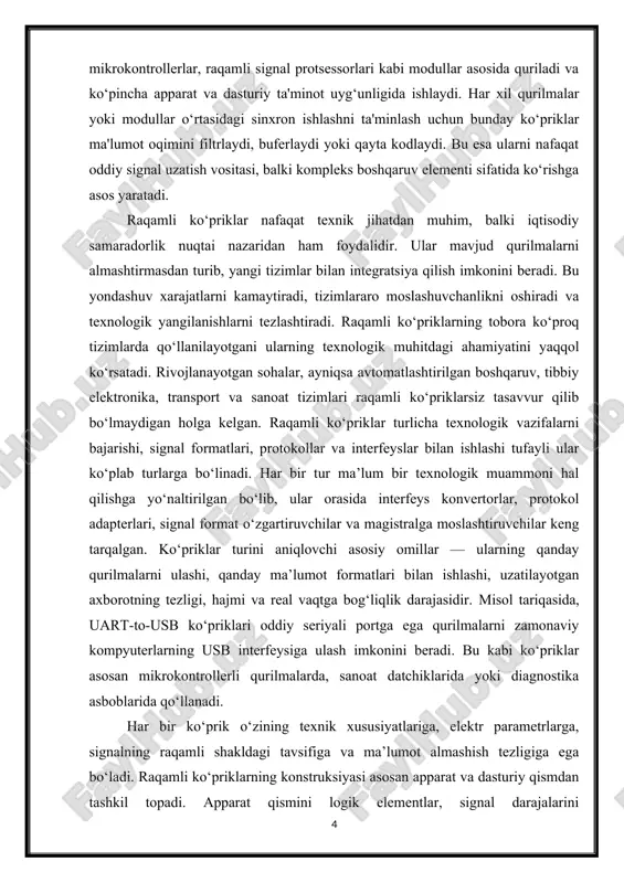 rosxemalar tashkil qiladi. ko‘prikning samaradorligi ko‘p jihatdan ana shu apparat komponentlarining sifati va joylashtirilishiga bog‘liq. dasturiy ta'minot esa ko‘prikning ichki ishlash algoritmlarini boshqaradi, protokollarni dekodlash va qayta kodlash, xatoliklarni aniqlash, axborotni marshrutlash va sinxronlashtirish kabi funksiyalarni amalga oshiradi. ayrim ko‘priklar mikrokontroller asosida ishlaydi va foydalanuvchi tomonidan dasturlashtiriladigan imkoniyatga ega bo‘ladi, bu esa ularning moslashuvchanligini yanada oshiradi. ko‘priklar o‘zining fizik shakli va joylashtirilishiga ko‘ra ham farqlanadi. ular alohida modul ko‘rinishida, tizimga ulanadigan kichik plata sifatida yoki qurilma ichida integratsiyalashgan element sifatida bo‘lishi mumkin. uzoq masofalarga mo‘ljallangan ko‘priklar signalni kuchaytirish, shovqinga chidamlilikni oshirish va himoyalovchi qatlamlarga ega bo‘lishi mumkin. mahalliy, ya’ni ichki tarmoq darajasida ishlovchi ko‘priklar esa minimal kechikish bilan yuqori tezlikda ishlashga mo‘ljallangan bo‘ladi. konstruktiv nuqtai nazardan qaralganda, raqamli ko‘priklar ishlab chiqaruvchining talabiga ko‘ra maxsus vazifaga moslab yaratilishi mumkin. bu ularning turli dasturiy platformalarda, o‘lchov tizimlarida yoki real vaqtli boshqaruv tizimlarida muammosiz ishlashiga imkon beradi. shuning uchun bugungi elektron sanoatda ko‘priklarning …