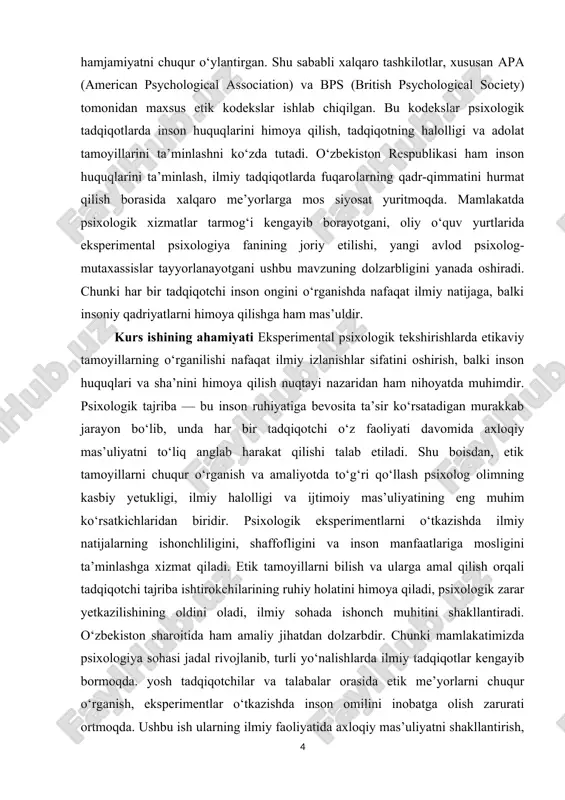 ka fanlari kesishgan nuqtada o‘rganilib kelinmoqda. xx asrning o‘rtalaridan boshlab psixologik eksperimentlar doirasida yuzaga kelgan bir qator etik mojarolar (masalan, s. milgramning bo‘ysunuv tajribalari, f. zimbardoning “stenford qamoq” eksperimenti) ilmiy jamoatchilikni etik me’yorlar masalasini chuqurroq o‘rganishga undadi. shu davrdan boshlab inson ishtirokidagi tadqiqotlarda axloqiy tamoyillarga qat’iy rioya etish zarurligi haqida xalqaro darajada qator hujjatlar va kodekslar qabul qilindi. xususan, amerika psixologlar assotsiatsiyasi (apa) tomonidan 1953-yildan boshlab ishlab chiqilgan “etik kodeks” bir necha bor takomillashtirilib, bugungi kunda psixologik tadqiqotlarda etik tamoyillarni tartibga soluvchi eng muhim xalqaro me’yor sifatida e’tirof etilmoqda. britaniya psixologlar jamiyati (bps), yevropa psixologlar federatsiyasi (efpa) hamda unesco tomonidan ishlab chiqilgan axloqiy me’yorlar ham bu sohada muhim manba hisoblanadi. eksperimental psixologik etikani o‘rganishda mashhur olimlar — b. skinner, j. piaget, k. levin, r. sternberg, a. bandura, a. ellis, k. rodjers, e. fromm singari mutafakkirlarning ilmiy qarashlari alohida o‘rin tutadi. ularning asarlarida inson ruhiy holatini o‘rganishda mas’uliyat, inson qadr-qimmatini hurmat …