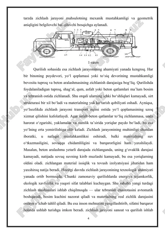 langanda, uning g‘ovaklik darajasi kamayadi, natijada sovuq suvning kirib muzlashi kamayadi, bu esa yoriqlarning oldini oladi. zichlangan material issiqlik va tovush izolyatsiyasi jihatidan ham yaxshiroq natija beradi. hozirgi davrda zichlash jarayonining texnologik ahamiyati yanada ortib bormoqda. chunki zamonaviy qurilishlarda energiya tejamkorlik, ekologik xavfsizlik va yuqori sifat talablari kuchaygan. shu sababli yangi turdagi zichlash mashinalari ishlab chiqilmoqda — ular tebranish chastotasini avtomatik boshqaradi, bosim kuchini nazorat qiladi va materialning real zichlik darajasini onlayn o‘lchab tahlil qiladi. bu esa inson mehnatini yengillashtirib, sifatni barqaror holatda ushlab turishga imkon beradi. zichlash jarayoni sanoat va qurilish ishlab chiqarishida mahsulot sifatini, inshootlarning mustahkamligini, yo‘llarning uzoq muddat xizmat qilishini hamda resurslardan oqilona foydalanishni ta’minlovchi eng muhim texnologik bosqichlardan biridir. shuning uchun bu jarayonni chuqur o‘rganish, zamonaviy mashina va uskunalarni joriy etish, ularning texnik imkoniyatlarini kengaytirish — texnika taraqqiyotining ajralmas yo‘nalishidir. zichlash jarayoni — bu materiallar orasidagi bo‘shliqlarni kamaytirish, ularning zichligini oshirish va mexanik mustahkamligini ta’minlashga qaratilgan …