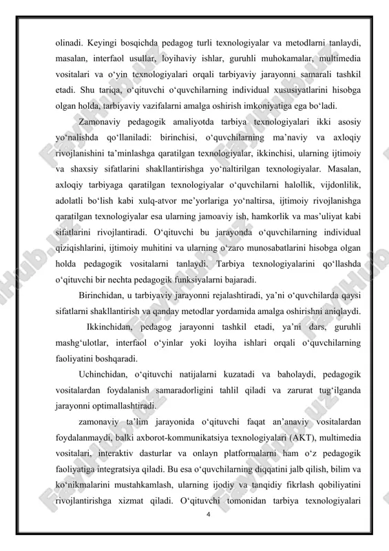 ositalarni tanlaydi. tarbiya texnologiyalarini qo‘llashda o‘qituvchi bir nechta pedagogik funksiyalarni bajaradi. birinchidan, u tarbiyaviy jarayonni rejalashtiradi, ya’ni o‘quvchilarda qaysi sifatlarni shakllantirish va qanday metodlar yordamida amalga oshirishni aniqlaydi. ikkinchidan, pedagog jarayonni tashkil etadi, ya’ni dars, guruhli mashg‘ulotlar, interfaol o‘yinlar yoki loyiha ishlari orqali o‘quvchilarning faoliyatini boshqaradi. uchinchidan, o‘qituvchi natijalarni kuzatadi va baholaydi, pedagogik vositalardan foydalanish samaradorligini tahlil qiladi va zarurat tug‘ilganda jarayonni optimallashtiradi. zamonaviy ta’lim jarayonida o‘qituvchi faqat an’anaviy vositalardan foydalanmaydi, balki axborot-kommunikatsiya texnologiyalari (akt), multimedia vositalari, interaktiv dasturlar va onlayn platformalarni ham o‘z pedagogik faoliyatiga integratsiya qiladi. bu esa o‘quvchilarning diqqatini jalb qilish, bilim va ko‘nikmalarini mustahkamlash, ularning ijodiy va tanqidiy fikrlash qobiliyatini rivojlantirishga xizmat qiladi. o‘qituvchi tomonidan tarbiya texnologiyalari samarali qo‘llanilganda, o‘quvchilarda faqat axloqiy va ma’naviy qadriyatlar shakllanib qolmay, balki ular mustaqil fikrlash, mas’uliyatli qaror qabul qilish va jamiyatda faol ishtirok etish qobiliyatiga ega bo‘ladi. o‘qituvchining tarbiya texnologiyalari asosida faoliyati zamonaviy ta’lim tizimining ajralmas qismi bo‘lib, u pedagogik …