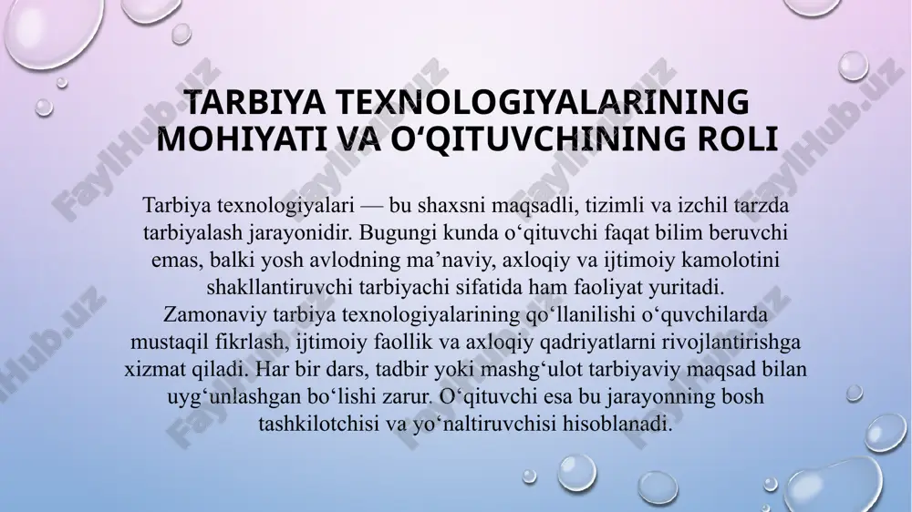 issi rivojlanadi. shunday qilib, o‘qituvchining mahorati, yangicha yondashuvi va texnologiyalardan to‘g‘ri foydalanishi tarbiya jarayonining samaradorligini belgilovchi asosiy omil hisoblanadi. foydalanilgan adabiyotlar karimov i.a. yuksak ma’naviyat — yengilmas kuch. – toshkent: ma’naviyat, 2008. o‘zbekiston respublikasi prezidenti shavkat mirziyoyev. yangi o‘zbekiston strategiyasi. – toshkent: o‘zbekiston, 2021. hasanboeva o., raxmatova n. pedagogika. – toshkent: innovatsion rivojlanish nashriyoti, 2020. yo‘ldoshev j.g., xoliqberdiev k. pedagogik texnologiyalar: nazariya va amaliyot. – toshkent: fan va texnologiya, 2019. g‘ofurov a., xolmatova d. tarbiya nazariyasi va metodikasi. – toshkent: tdpu nashriyoti, 2022. sayidahmedov n. ta’lim jarayoniga innovatsion yondashuvlar. – toshkent: o‘zbekiston faylasuflari jamiyati, 2018. etiboringiz uchun raxmat! image2.png image4.png image5.png image6.png image3.png