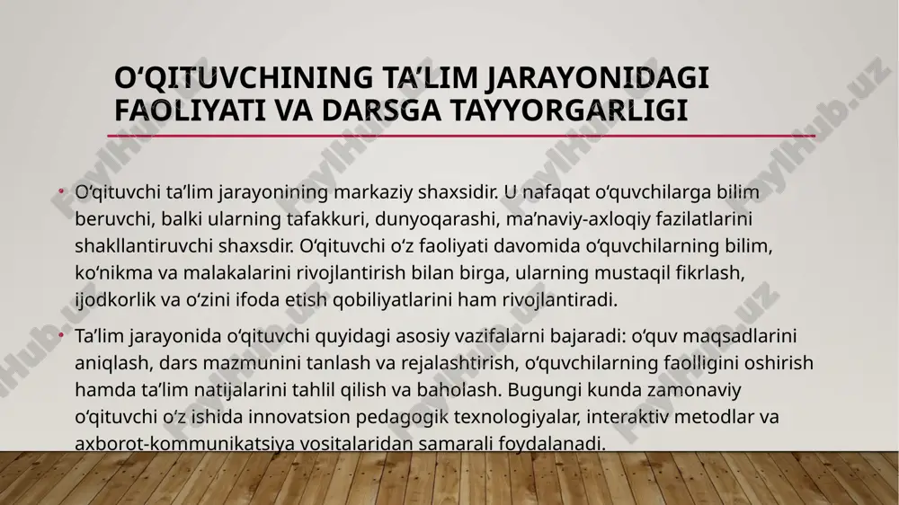 ta’lim jarayonidagi faoliyati, darsga puxta tayyorgarligi va tarbiyachilik mahorati o‘quvchilarning bilim darajasi, dunyoqarashi hamda shaxs sifatida shakllanishida hal qiluvchi o‘rin tutadi. har bir o‘qituvchi o‘z kasbini nafaqat bilim berish, balki inson tarbiyalashdek ulug‘ mas’uliyatli vazifa deb bilishi zarur. tarbiyachilik mahorati — bu bilim, tajriba, muloqot madaniyati, mehr-muhabbat va insonparvarlik uyg‘unligidir. zamonaviy o‘qituvchi doimo o‘z ustida ishlaydigan, yangilikka intiladigan, o‘quvchiga mehr bilan yondashadigan shaxs bo‘lishi lozim. faqat shunda u o‘z o‘quvchilarining qalbiga yo‘l topa oladi va ularni komil insonlar qilib tarbiyalaydi. foydalanilgan adabiyotlar karimov i.a. “yuksak ma’naviyat – yengilmas kuch.” – toshkent: ma’naviyat, 2008. hasanboyeva o., yo‘ldoshev j. “pedagogika.” – toshkent: fan va texnologiya, 2016. to‘raqulova m., g‘ulomova x. “pedagogik mahorat va pedagogik texnologiya.” – toshkent: tdpu nashriyoti, 2020. ziyamuhamedov b. “tarbiyaviy ishlar metodikasi.” – toshkent: o‘qituvchi, 2018. abduqodirov a.a. “ta’lim jarayonida zamonaviy pedagogik texnologiyalar.” – toshkent: fan, 2019. o‘zbekiston respublikasi prezidentining “ta’lim tizimini 2030-yilgacha rivojlantirish konsepsiyasi” – toshkent, 2019. e’tiboringiz …