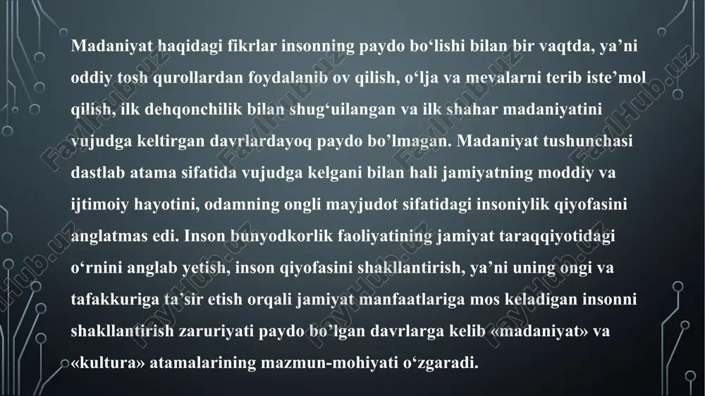 niyat» arabcha «madina» so‘zidan olinganligi va «shahar» degan ma’noni anglatishini ko‘ramiz. «kultura» so‘zi esa yuqorida yozganimizdek, lotinchadan olingan bo’lib, «ishlov berish, parvarishlash» ya’ni tuproqqa va yerga ishlov berish kabi ma’nolarni anglatgan. keyinchalik mazkur atamalarning mazmun-mohiyati o‘zgarib borgan. sharqiy va g'arbiy madaniyatlar bo'linish nafaqat o'z hududiy joylashuvini, balki dunyoni bilish usullari va usullarini, balki qadriyatga yo'naltirilgan, asosiy mafkuraviy o'simliklar, ijtimoiy-iqtisodiy va siyosiy tuzilmalarning xususiyatlarini tuzatadi. "g'arbiy" evropalik va amerika madaniyati, "sharq" - markaziy, janubi-sharqiy osiyo, yaqin sharq, shimoliy afrika mamlakatlarini anglatadi. g'arb madaniyati texnologik rivojlanish, dinamik turmush tarzi, madaniyat va jamiyatni yaxshilash qadriyatlariga qaratilgan. shaxsning ahamiyati g'oyasi, tashabbus va ijodning ustuvorligi konstitutsiyaviy shakllarda mustahkamlangan. yangi etishmovchilik tizimini eskirgan qiymat tizimlari, ijtimoiy-iqtisodiy va siyosiy tuzilmalarni sindirish kabi yangi etishmovchilikka o'tish jarayoni. sharqda, yangi, rad etmaydi va eski, an'anaviy, ammo unga tegishli darajada mos kelmaydi. g'arb madaniyati tunda, sharqqa qaratilgan holga keltiring, insonning ichki dunyosida namoyon bo'ladi. aksariyat sharqona mutafakkirlar dunyoni faqat dunyoni …