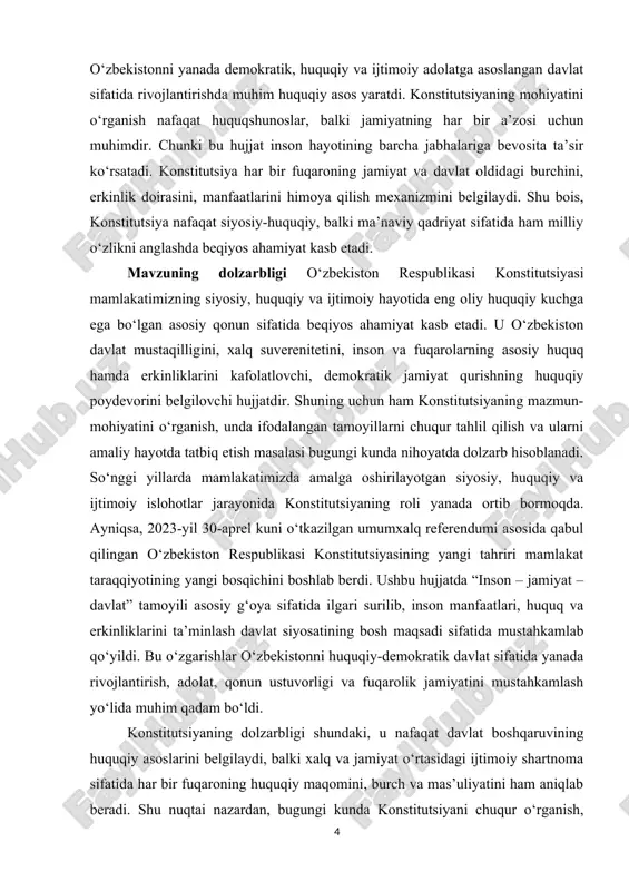 g demokratik tamoyillarga sodiqligidan dalolat beradi. malaka ishining maqsadi o‘zbekiston respublikasi konstitutsiyasining mazmuni va mohiyatini chuqur o‘rganish, uning huquqiy, siyosiy va ijtimoiy ahamiyatini tahlil qilish, konstitutsiyaviy qadriyatlarning jamiyat hayotida tutgan o‘rnini aniqlashdan iborat. malaka ishining vazifalari – o‘zbekiston respublikasida konstitutsiyaviy rivojlanish jarayonini tarixiy jihatdan tahlil qilish; – 1992-yil 8-dekabrda qabul qilingan o‘zbekiston respublikasi konstitutsiyasining yaratilish bosqichlari va asosiy manbalarini o‘rganish; – konstitutsiyaning tuzilishi, boblari va moddalari mazmunini tahlil qilish orqali uning huquqiy mohiyatini ochib berish; – konstitutsiyada belgilangan inson huquqlari va erkinliklarini kafolatlash mexanizmlarini yoritish; – davlat hokimiyati tizimi va hokimiyatlar bo‘linishi prinsipi asosida davlat boshqaruvi mexanizmini o‘rganish; – o‘zbekiston respublikasining yangi tahrirdagi (2023-yil) konstitutsiyasidagi o‘zgarish va yangiliklarni tahlil qilish; – konstitutsiyaning xalqaro huquq me’yorlari bilan uyg‘unligini o‘rganish va xalqaro tajribalar bilan qiyosiy tahlil qilish; 1.1. konstitutsiyaning paydo bo‘lishi va konstitutsionalizm g‘oyalarining shakllanishi konstitutsiya tushunchasi insoniyat sivilizatsiyasi tarixida uzoq davrlar davomida shakllanib kelgan siyosiy-huquqiy hodisa bo‘lib, u davlat boshqaruvi, hokimiyatni …