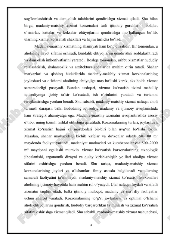 sosiy e’tibor uning tizimli tashkil etilishiga qaratiladi. korxonalarning turlari, joylashuvi, xizmat ko‘rsatish hajmi va maydonlari bir-biri bilan uyg‘un bo‘lishi lozim. masalan, shahar markazidagi kichik kafelar va do‘konlar odatda 50–100 m² maydonda faoliyat yuritadi, madaniyat markazlari va kutubxonalar esa 500–2000 m² maydonni egallashi mumkin. xizmat ko‘rsatish korxonalarining texnologik jihozlanishi, ergonomik dizayni va qulay kirish-chiqish yo‘llari aholiga xizmat sifatini oshirishga yordam beradi. shu tariqa, madaniy-maishiy xizmat korxonalarining joylari va o‘lchamlari ilmiy asosda belgilanadi va ularning samarali faoliyatini ta’minlaydi. madaniy-maishiy xizmat ko‘rsatish korxonalari aholining ijtimoiy hayotida ham muhim rol o‘ynaydi. ular nafaqat foydali va sifatli xizmatni taqdim etadi, balki ijtimoiy muloqot, madaniy va ma’rifiy faoliyatlar uchun sharoit yaratadi. korxonalarning to‘g‘ri joylashuvi va optimal o‘lchami aholi ehtiyojlarini qondirish, hududiy barqarorlikni ta’minlash va xizmat ko‘rsatish sifatini oshirishga xizmat qiladi. shu sababli, madaniy-maishiy xizmat tushunchasi, uning mohiyati va ahamiyati zamonaviy shaharsozlik, hududiy rejalashtirish va ijtimoiy-iqtisodiy rivojlanish bilan chambarchas bog‘liqdir. madaniy-maishiy xizmat tizimi ijtimoiy-iqtisodiy rivojlanish bilan chambarchas …