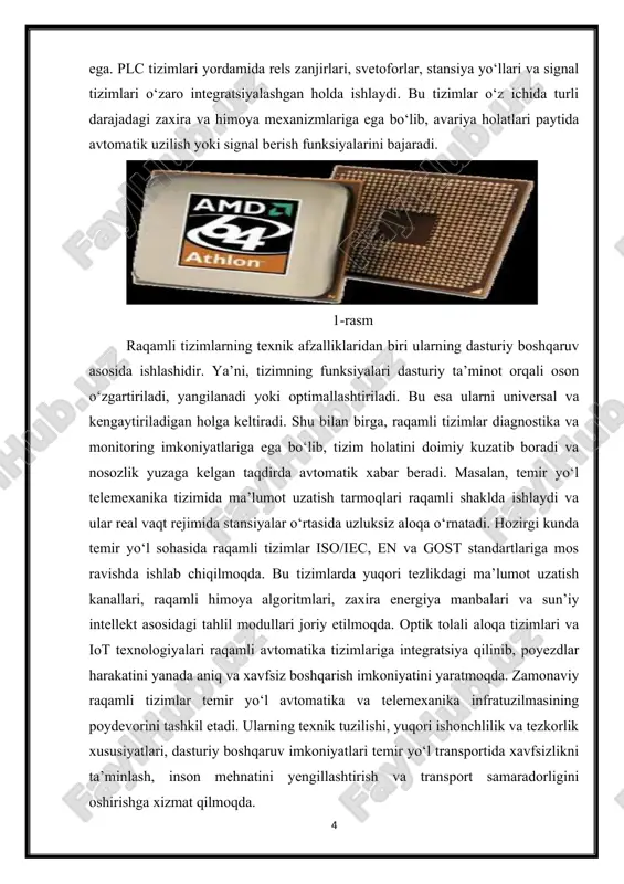 agi tahlil modullari joriy etilmoqda. optik tolali aloqa tizimlari va iot texnologiyalari raqamli avtomatika tizimlariga integratsiya qilinib, poyezdlar harakatini yanada aniq va xavfsiz boshqarish imkoniyatini yaratmoqda. zamonaviy raqamli tizimlar temir yo‘l avtomatika va telemexanika infratuzilmasining poydevorini tashkil etadi. ularning texnik tuzilishi, yuqori ishonchlilik va tezkorlik xususiyatlari, dasturiy boshqaruv imkoniyatlari temir yo‘l transportida xavfsizlikni ta’minlash, inson mehnatini yengillashtirish va transport samaradorligini oshirishga xizmat qilmoqda. 2. mikroprotsessorli boshqaruv tizimlarining ishlash prinsiplari mikroprotsessorli boshqaruv tizimlari — bu murakkab texnologik jarayonlarni avtomatik tarzda nazorat qilish, boshqarish va optimallashtirish uchun mo‘ljallangan raqamli qurilmalar majmuasidir. mikroprotsessor — tizimning yuragi hisoblanib, u kiruvchi signallarni qabul qiladi, ularni raqamli shaklda qayta ishlaydi va dasturlashtirilgan algoritm asosida ijrochi mexanizmlarga tegishli buyruqlar yuboradi. ushbu tizimlar temir yo‘l avtomatika va telemexanika sohasida keng qo‘llanilib, poyezd harakatini boshqarish, svetoforlar, stansiya o‘tishlari va rels zanjirlarini avtomatlashtirishda muhim o‘rin tutadi. mikroprotsessorli boshqaruv tizimlarining ishlash printsipi axborotning uzatish, qayta ishlash va teskari aloqa mexanizmlariga asoslanadi. …