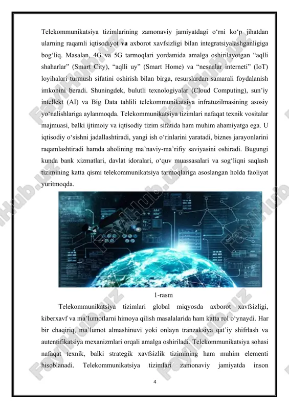 ma’lumot almashinuvi yoki onlayn tranzaksiya qat’iy shifrlash va autentifikatsiya mexanizmlari orqali amalga oshiriladi. telekommunikatsiya sohasi nafaqat texnik, balki strategik xavfsizlik tizimining ham muhim elementi hisoblanadi. telekommunikatsiya tizimlari zamonaviy jamiyatda inson faoliyatining barcha sohalarini bog‘lovchi “axborot arteriyasi” bo‘lib xizmat qiladi. u iqtisodiy barqarorlik, ijtimoiy taraqqiyot, ta’lim va madaniyat almashinuvi, shuningdek, insonlar o‘rtasidagi bevosita muloqotni ta’minlaydigan global mexanizm sifatida tobora kengayib bormoqda. shu bois, telekommunikatsiya infratuzilmasining samarali ishlashi va chaqiriqqa xizmat ko‘rsatish tizimining takomillashuvi davlatlarning raqamli rivojlanish darajasini belgilovchi asosiy ko‘rsatkichlardan biri hisoblanadi. 2. telekommunikatsiya tarmoqlarining umumiy tuzilmasi va ishlash prinsiplari telekommunikatsiya tarmoqlarining umumiy tuzilmasi — bu ma’lumot, tovush, tasvir va boshqa axborot turlarini uzatish, qabul qilish hamda qayta ishlashni ta’minlovchi texnik, dasturiy va tashkiliy vositalar majmuasidir. ushbu tarmoqlar turli uzatish muhitlariga (mis, optik tolali kabel, radio to‘lqinlar, mikroto‘lqinli aloqa va sun’iy yo‘ldosh tizimlariga) asoslangan bo‘lib, ularning asosiy vazifasi — foydalanuvchilar o‘rtasida uzluksiz, tezkor va ishonchli aloqa o‘rnatishdir. telekommunikatsiya tarmoqlari odatda uch …