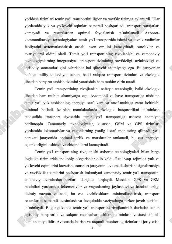 ini samarali boshqaradi, transport xavfsizligini oshiradi va inson omilidan kelib chiqadigan xatoliklarni kamaytiradi. zamonaviy texnologiyalar temir yo‘l transportini kelajakda yanada barqaror, xavfsiz va ekologik jihatdan qulay tizimga aylantirish imkonini beradi. temir yo‘l transportining tarixiy rivojlanishi, texnologik yangilanishi va zamonaviy innovatsiyalarning integratsiyasi transport tizimini samarali, xavfsiz va ekologik jihatdan barqaror qilishga xizmat qiladi. bu jarayonlar nafaqat milliy iqtisodiyot uchun, balki xalqaro transport tizimlari va global logistika sohasida ham muhim ahamiyatga ega. 2.gsm va gps tizimlarining transport sohasidagi umumiy roli. gsm (global system for mobile communications) va gps (global positioning system) tizimlari transport sohasida bugungi kunda eng muhim texnologik vositalardan biri hisoblanadi. ularning asosiy roli transport jarayonlarini real vaqt rejimida kuzatish, boshqarish va optimallashtirishdan iborat bo‘lib, bu yo‘l harakati xavfsizligi, samaradorlik va uzluksizlikni ta’minlashga xizmat qiladi. gsm texnologiyasi asosan ma’lumotlarni uzatish va aloqa tizimlarini boshqarish imkoniyatini beradi. shu orqali lokomotivlar va vagonlar o‘rtasida, temir yo‘l markaziy boshqaruv punktlari bilan uzluksiz aloqa o‘rnatiladi. …